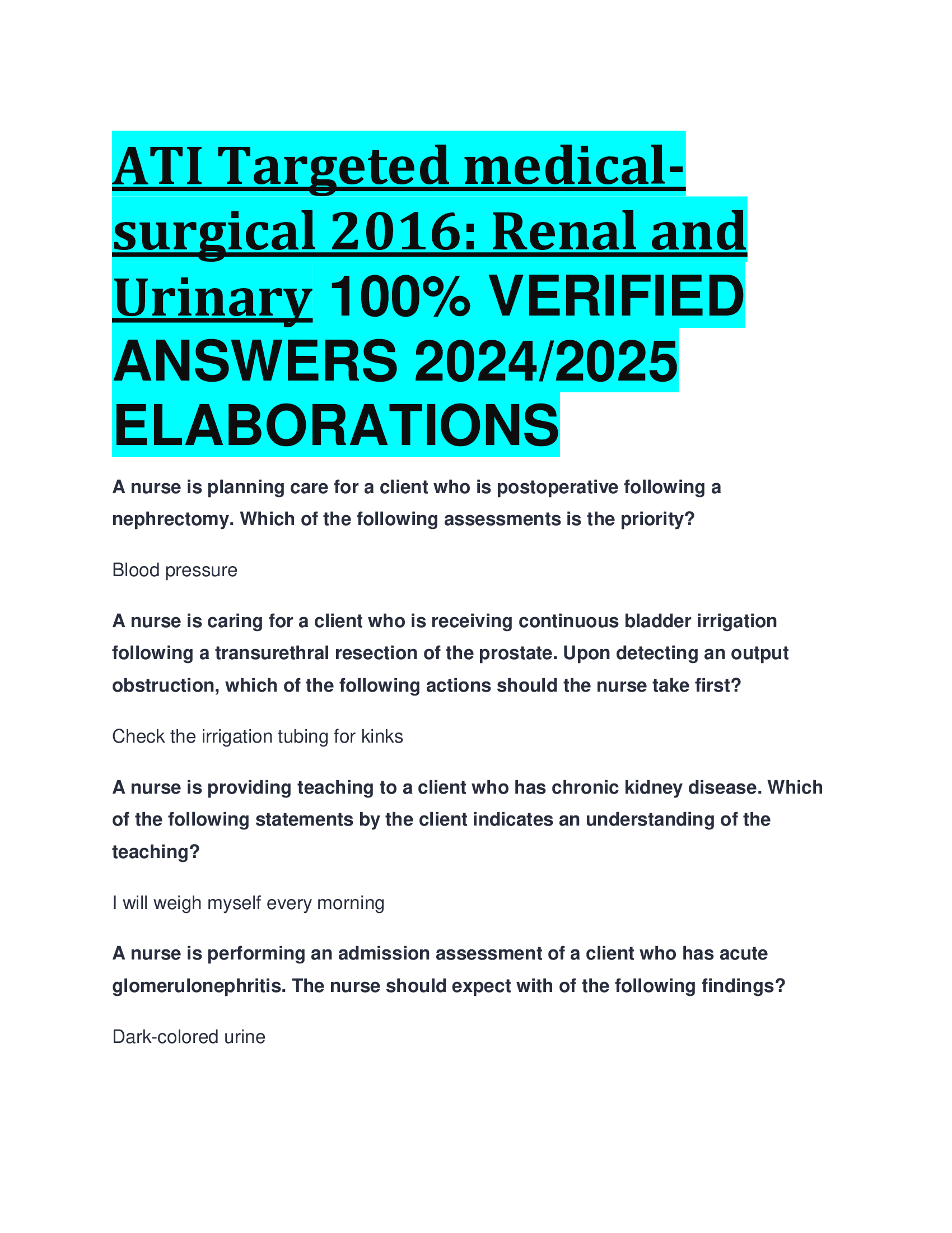 ATI Targeted medical surgical 2016: Renal and Urinary VERIFIED  ANSWERS 20242026  ELABORATIONS