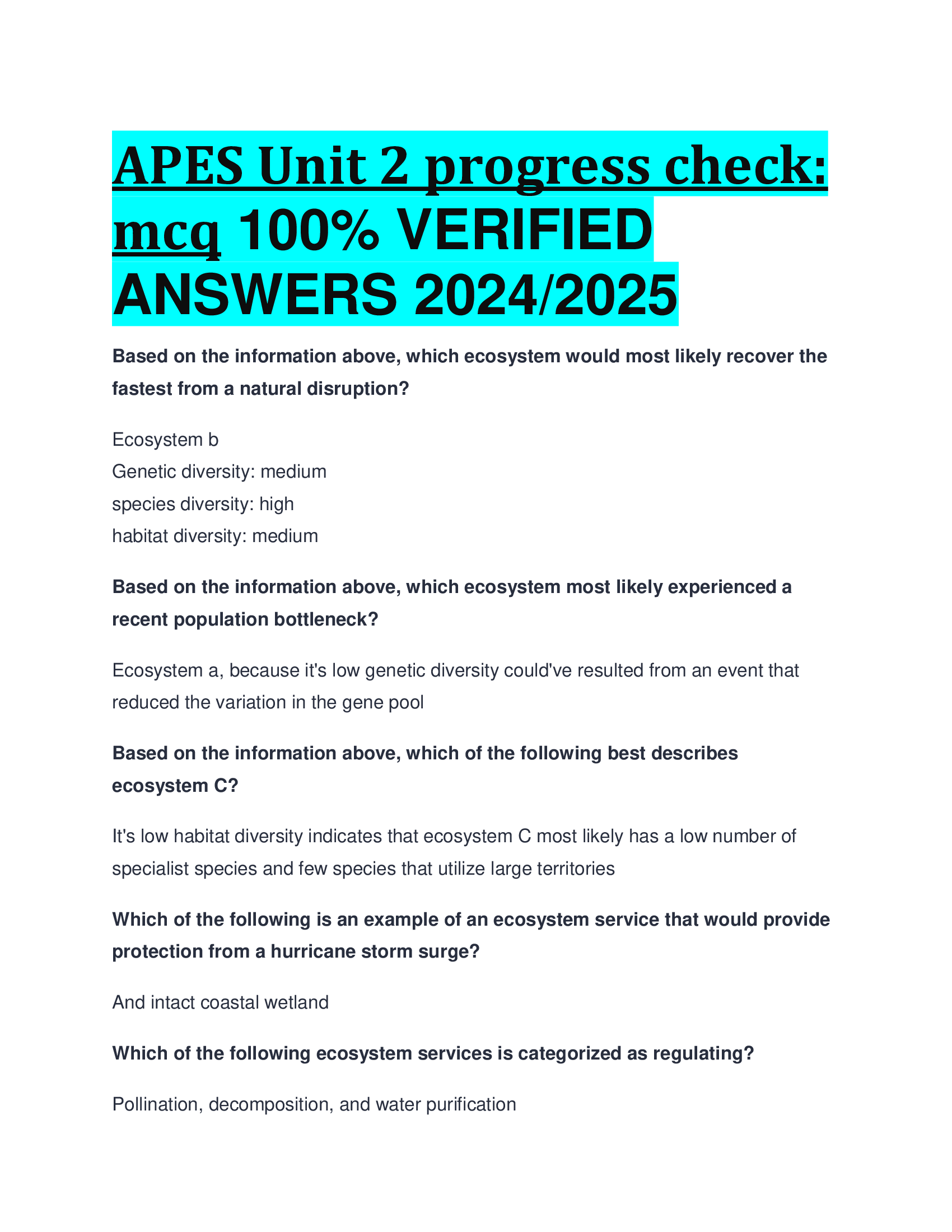 APES Unit 2 progress check: mcq  VERIFIED  ANSWERS 20242026