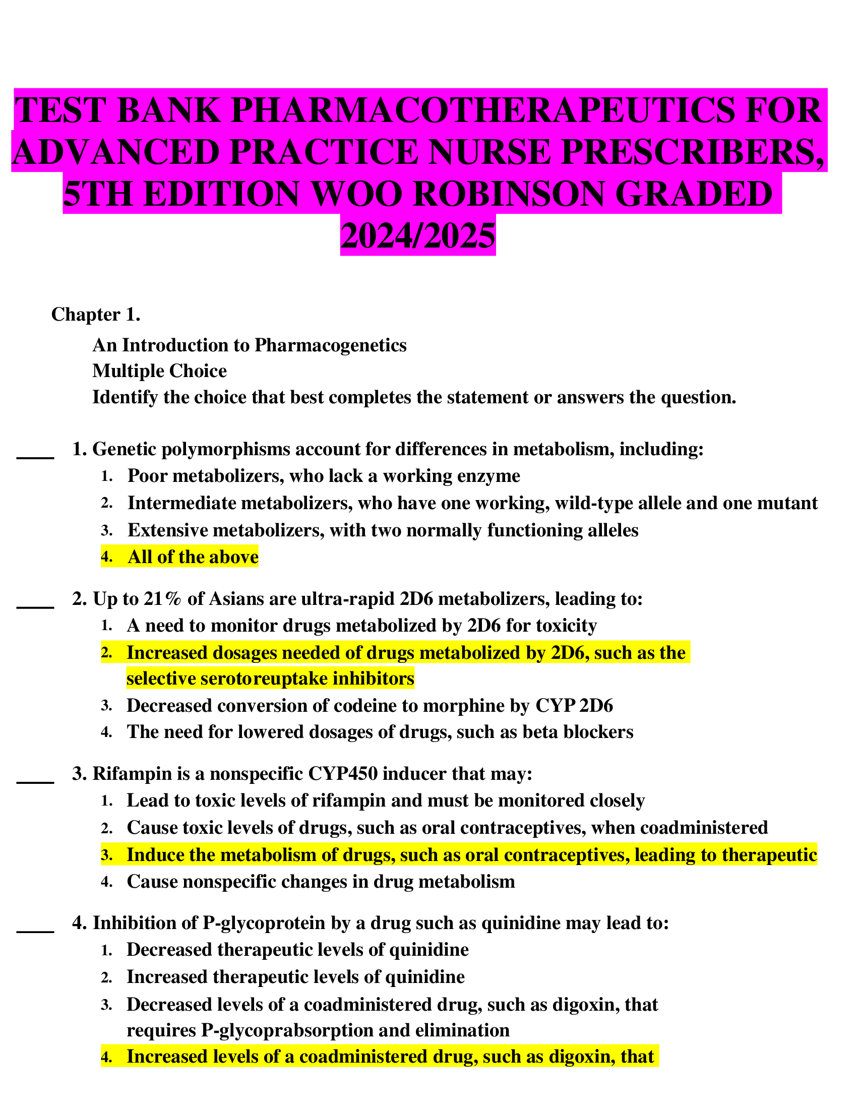 TEST BANK PHARMACOTHERAPEUTICS FOR  ADVANCED PRACTICE NURSE PRESCRIBERS,  5TH EDITION WOO ROBINSON GRADED  2024,2026