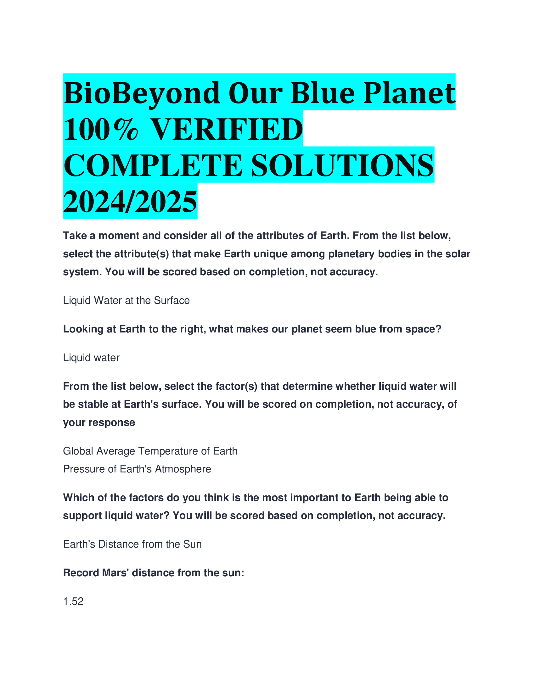 BioBeyond Our Blue Planet VERIFIED  COMPLETE SOLUTIONS  20242026