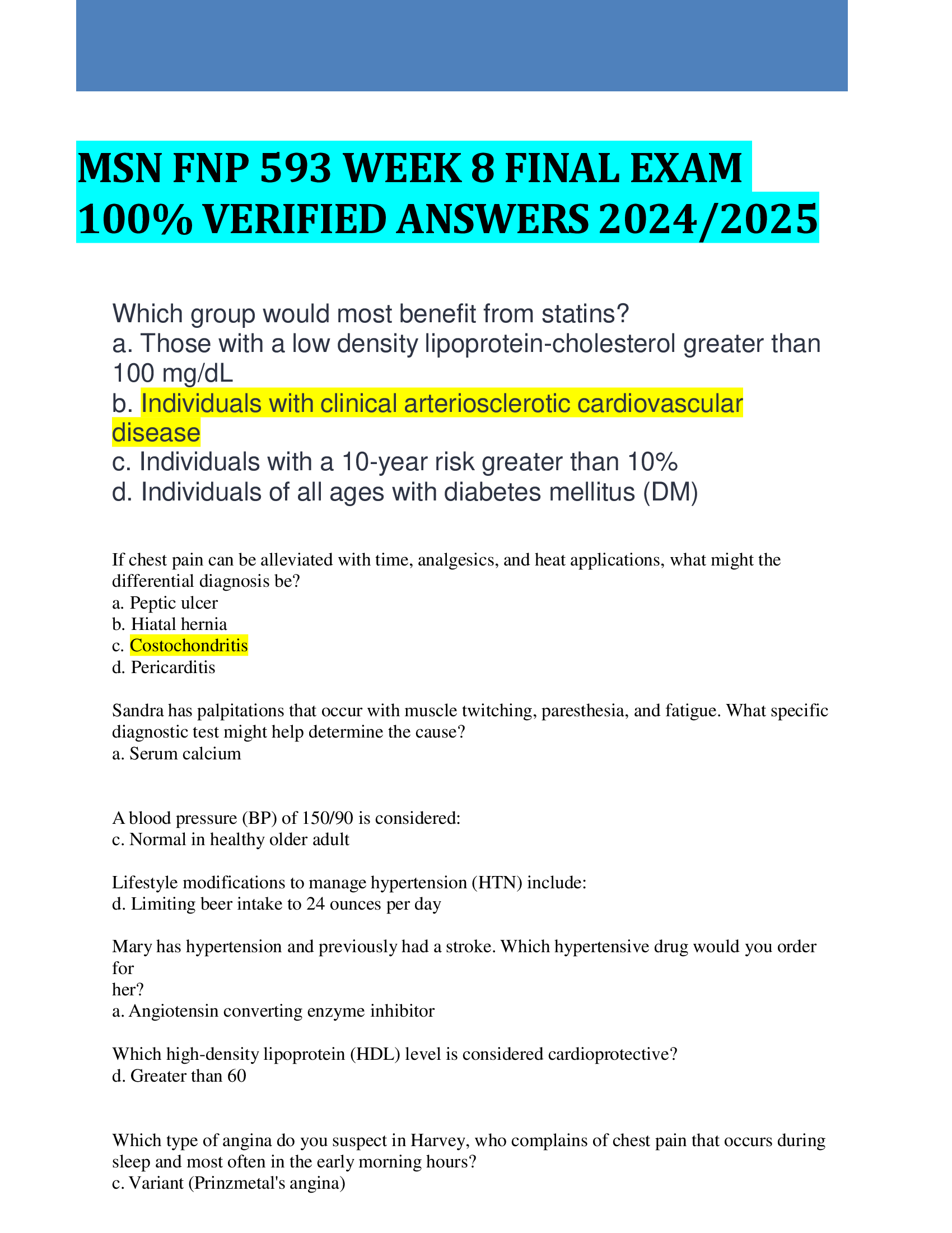 MSN FNP 593 WEEK 8 FINAL EXAM VERIFIED ANSWERS 20242026