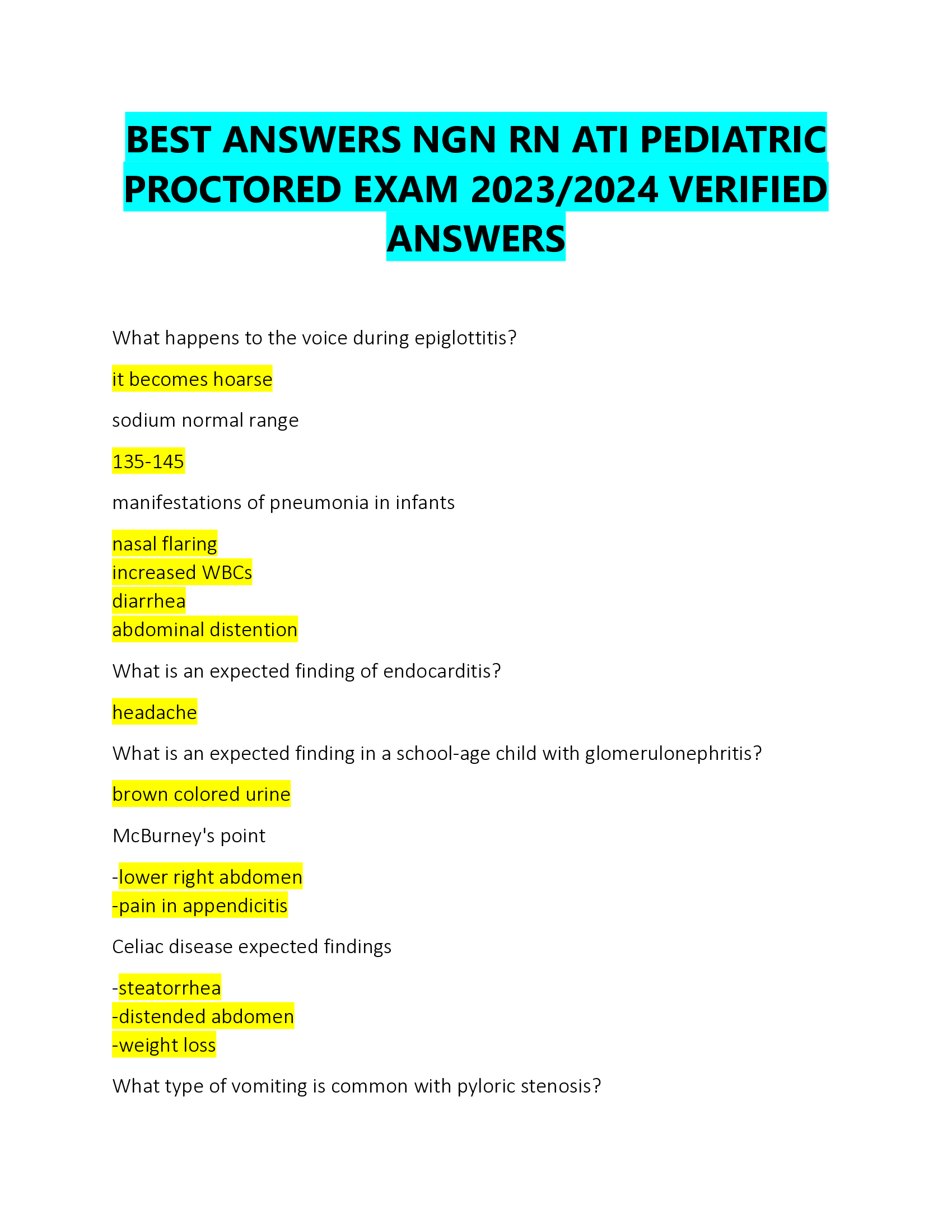 BEST ANSWERS NGN RN ATI PEDIATRIC  PROCTORED EXAM 2023,2024 VERIFIED  ANSWERS