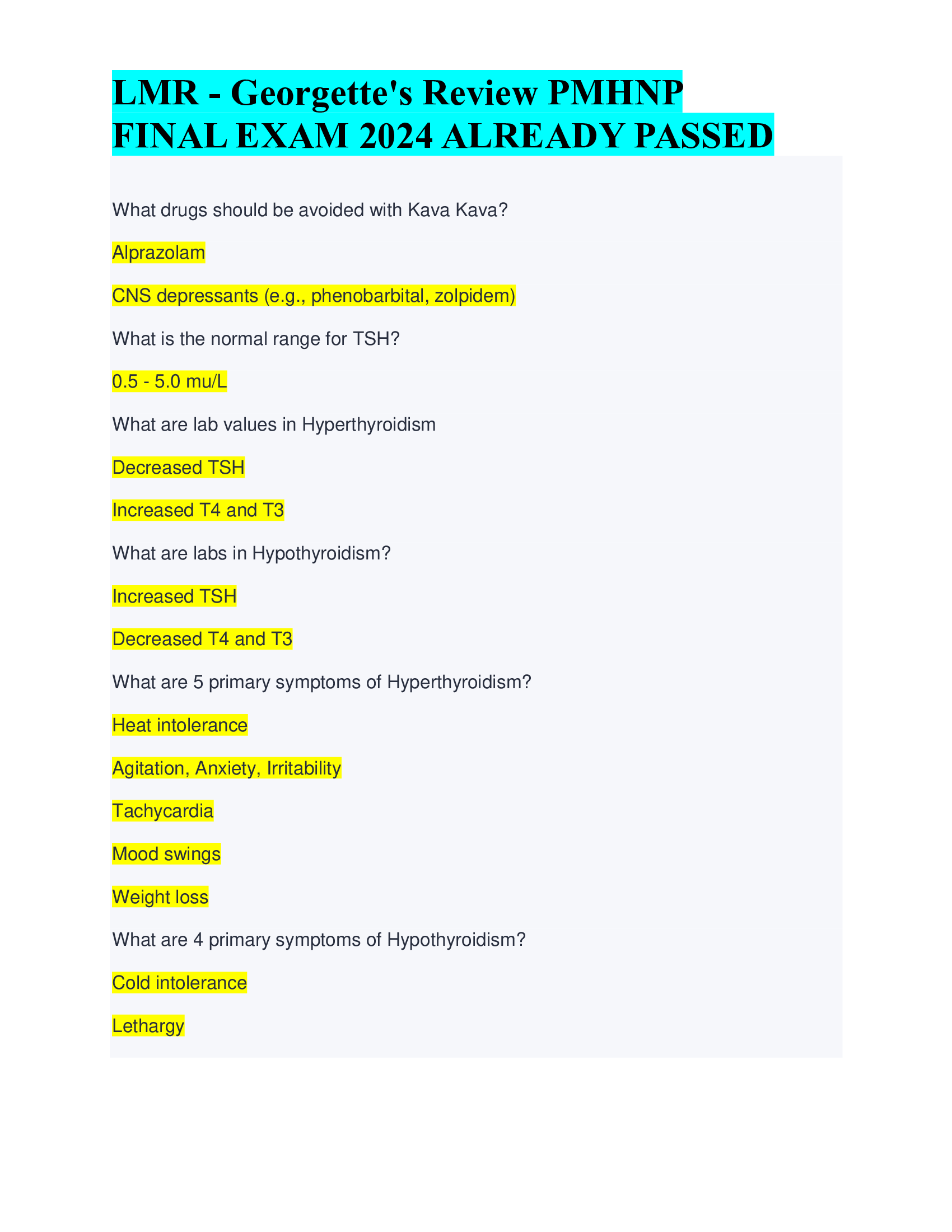 LMR - Georgette's Review PMHNP  FINAL EXAM 2024 ALREADY PASSED