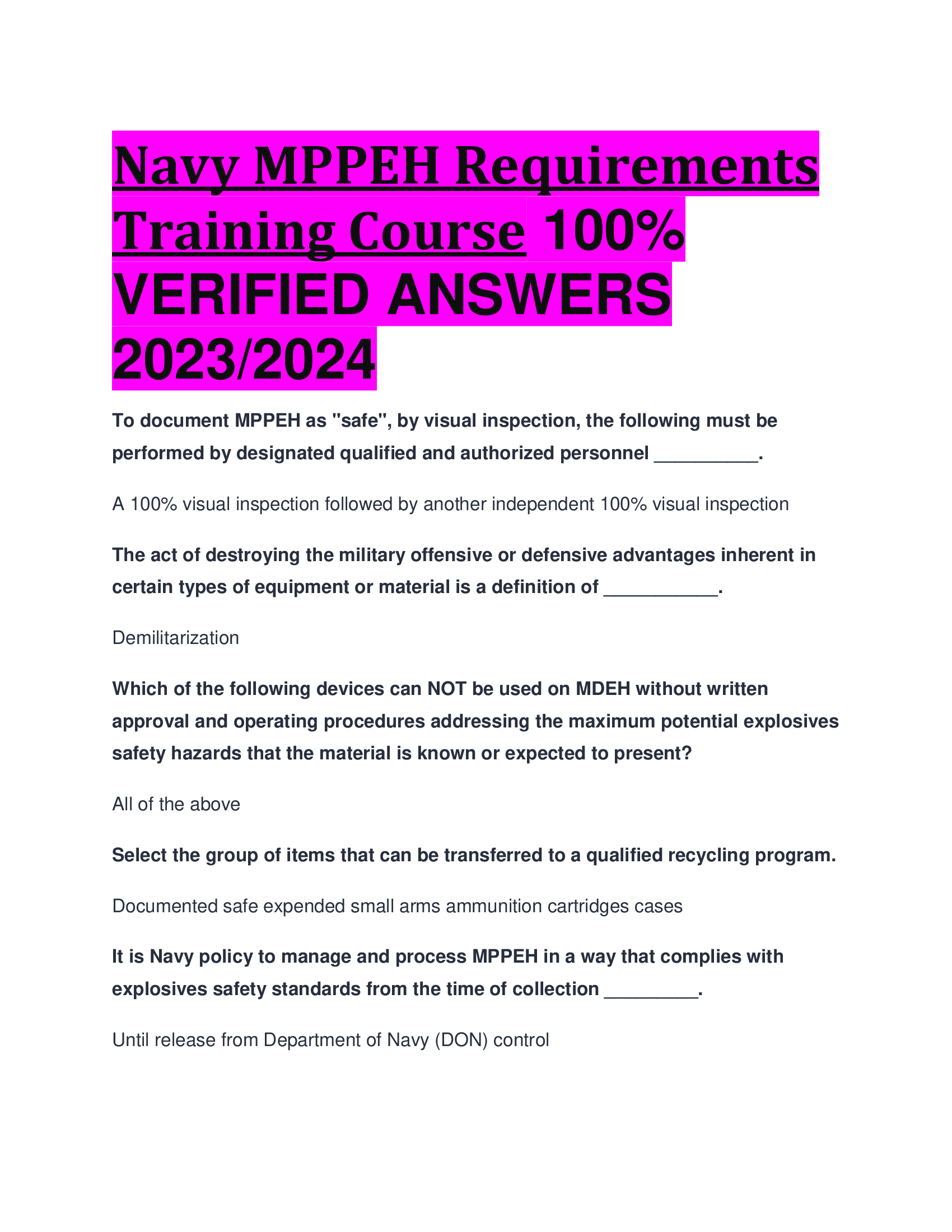 Navy MPPEH Requirements Training Course  VERIFIED ANSWERS  2023,2024