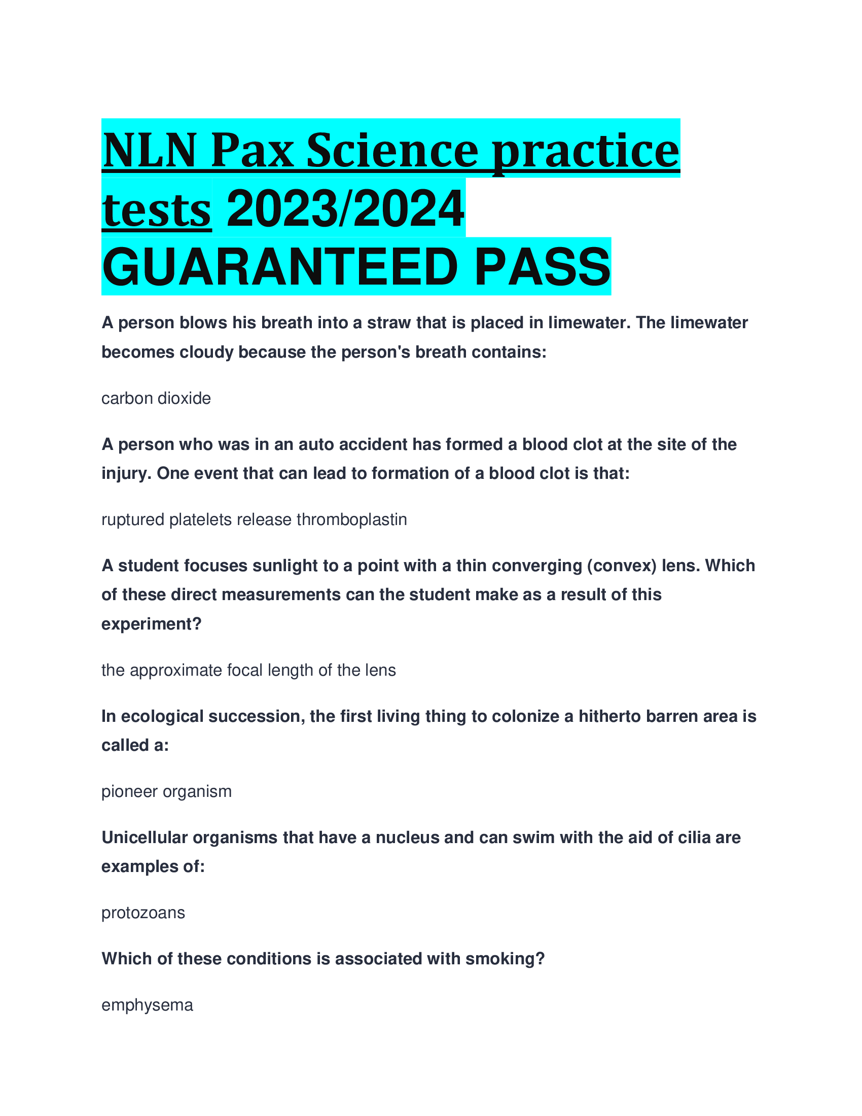 NLN Pax Science practice tests 2023,2024  GUARANTEED PASS