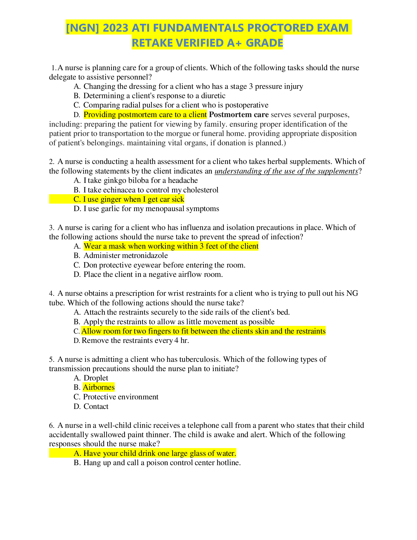 [NGN] 2023,2024 ATI FUNDAMENTALS PROCTORED EXAM  RETAKE VERIFIED A+ GRADE