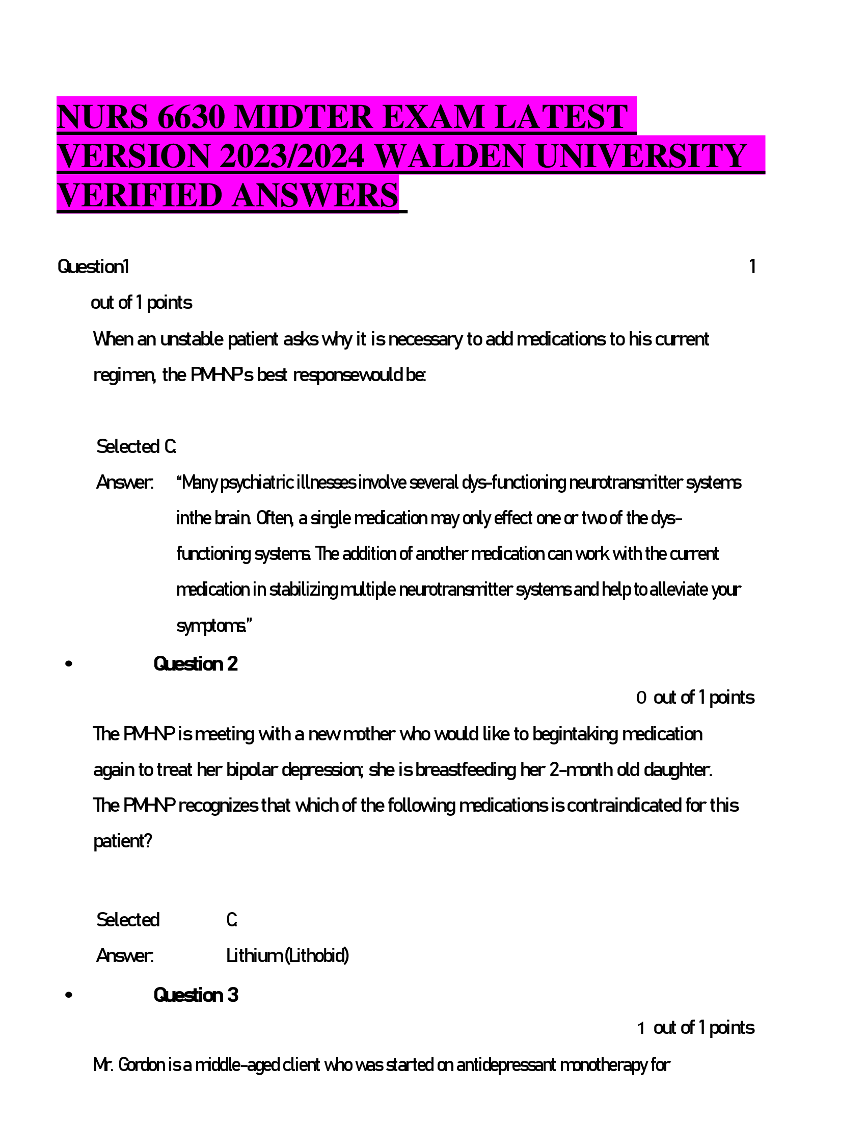 NURS 6630 MIDTER EXAM LATEST  VERSION 2023, 2024 WALDEN UNIVERSITY VERIFIED ANSWERS