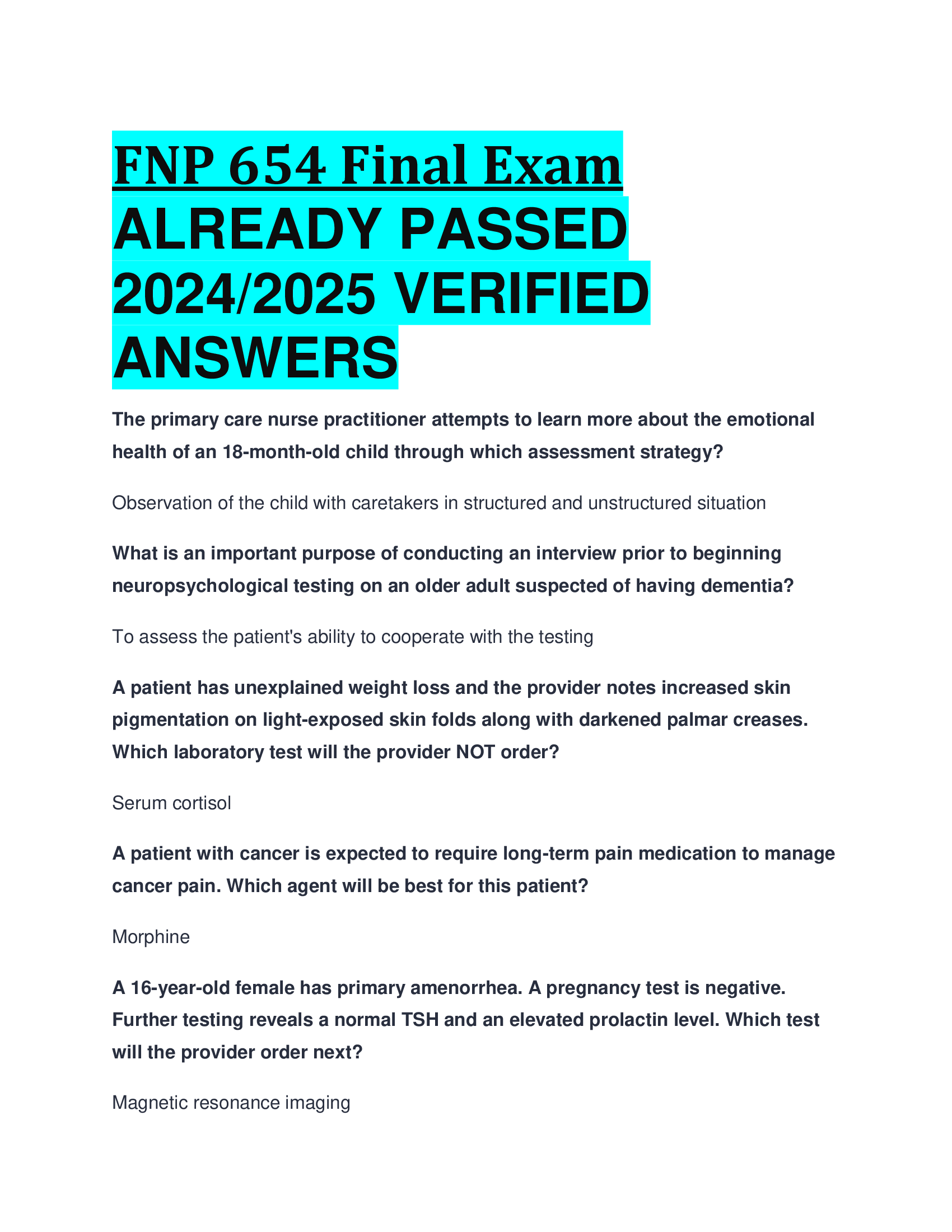 FNP 654 Final Exam ALREADY PASSED  20242026 VERIFIED  ANSWERS