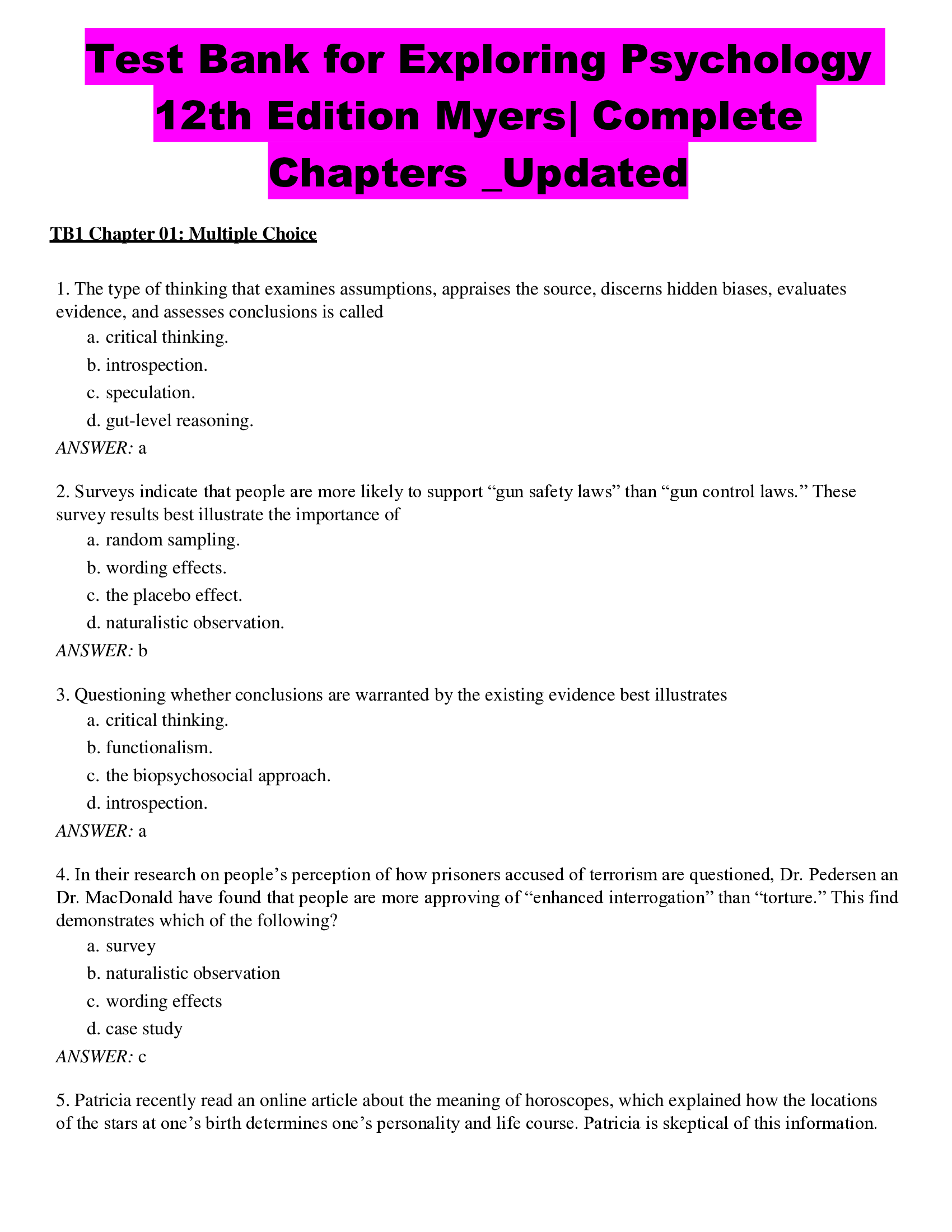 Test Bank for Exploring Psychology  12th Edition Myers| Complete  Chapters _Updated