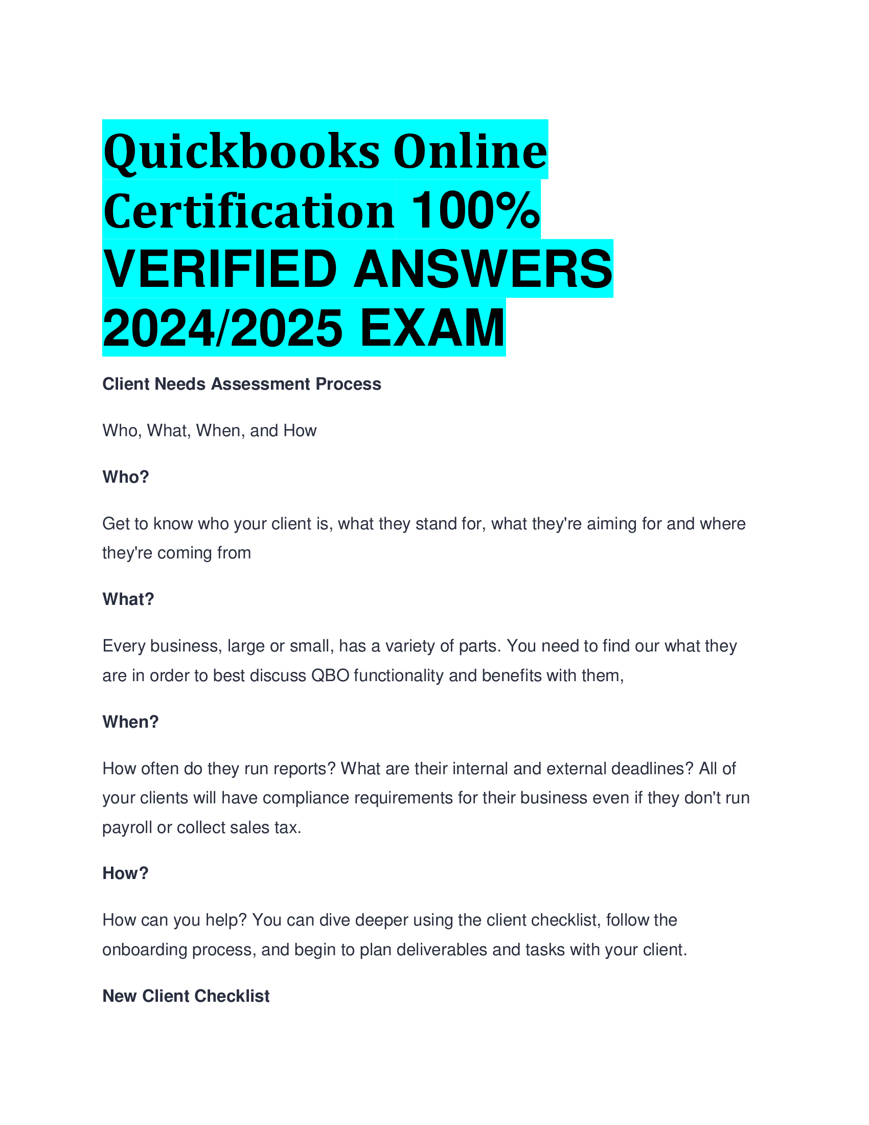 Quickbooks Online Certification VERIFIED ANSWERS  2024,2026 EXAM