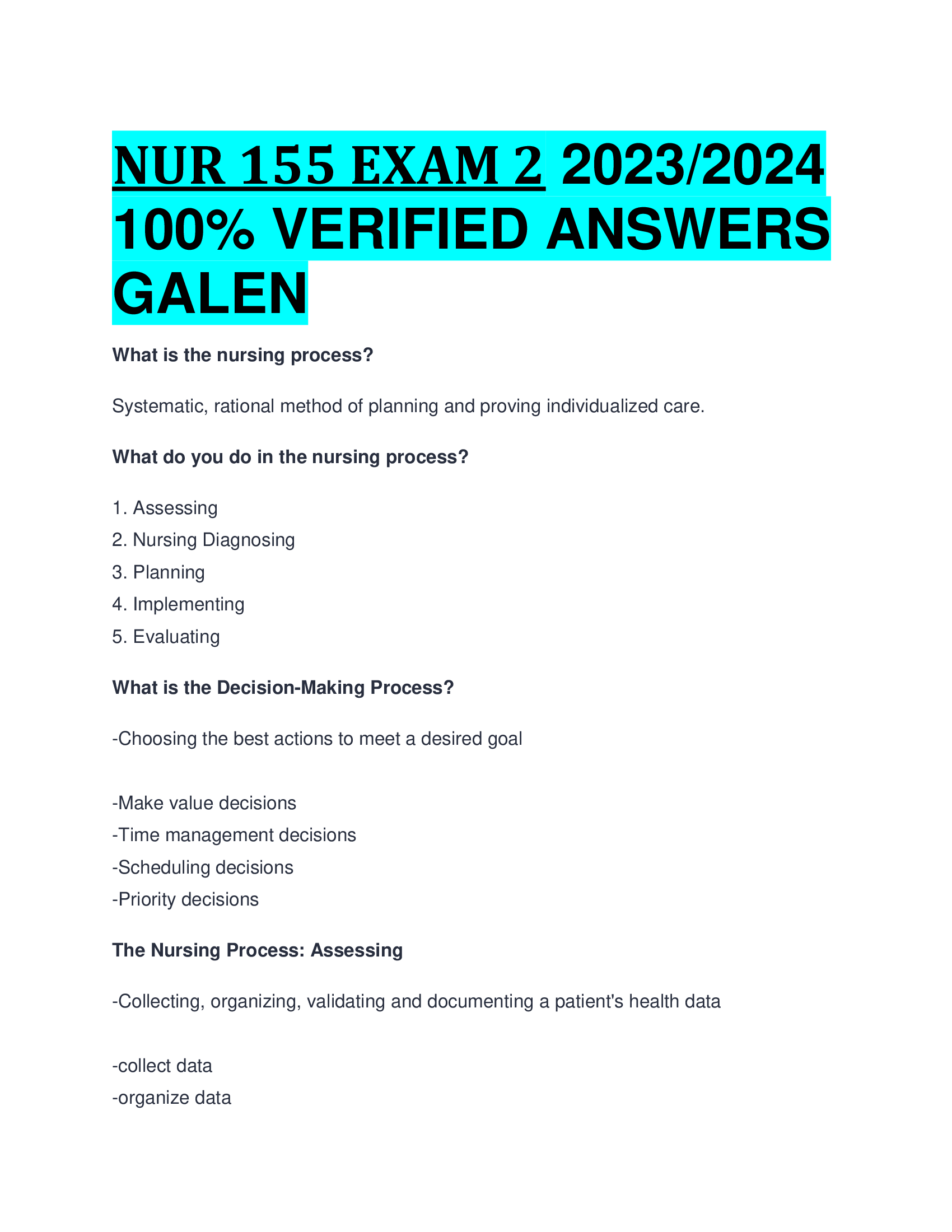 NUR 155 EXAM 2 2023,2024  VERIFIED ANSWERS GALEN COLLEGE