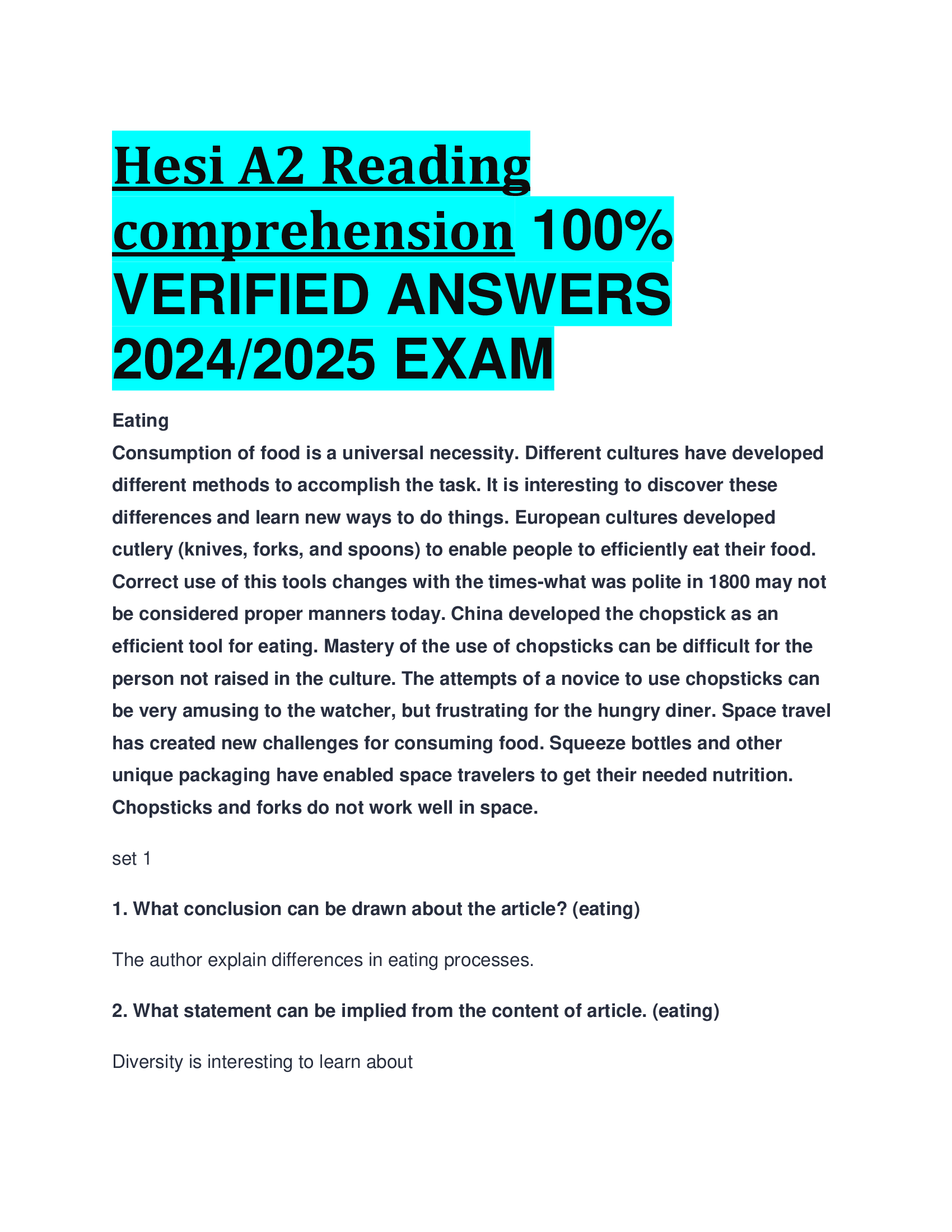 BEST REVIEW FOR Hesi A2 Reading comprehension 100 Percent  VERIFIED ANSWERS  2024, 2026 EXAM