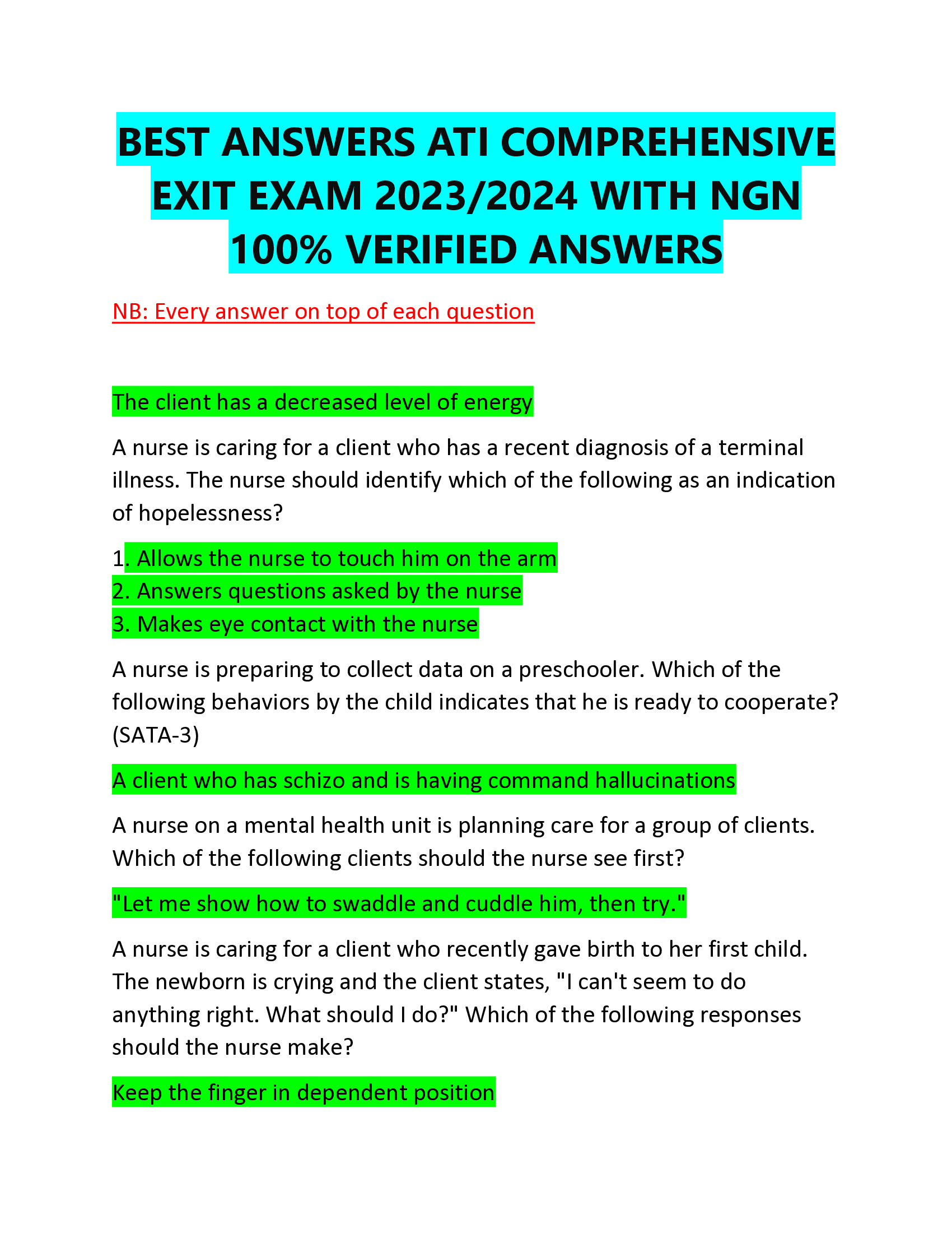 BEST ANSWERS ATI COMPREHENSIVE  EXIT EXAM 2023,2024 WITH NGN VERIFIED ANSWERS