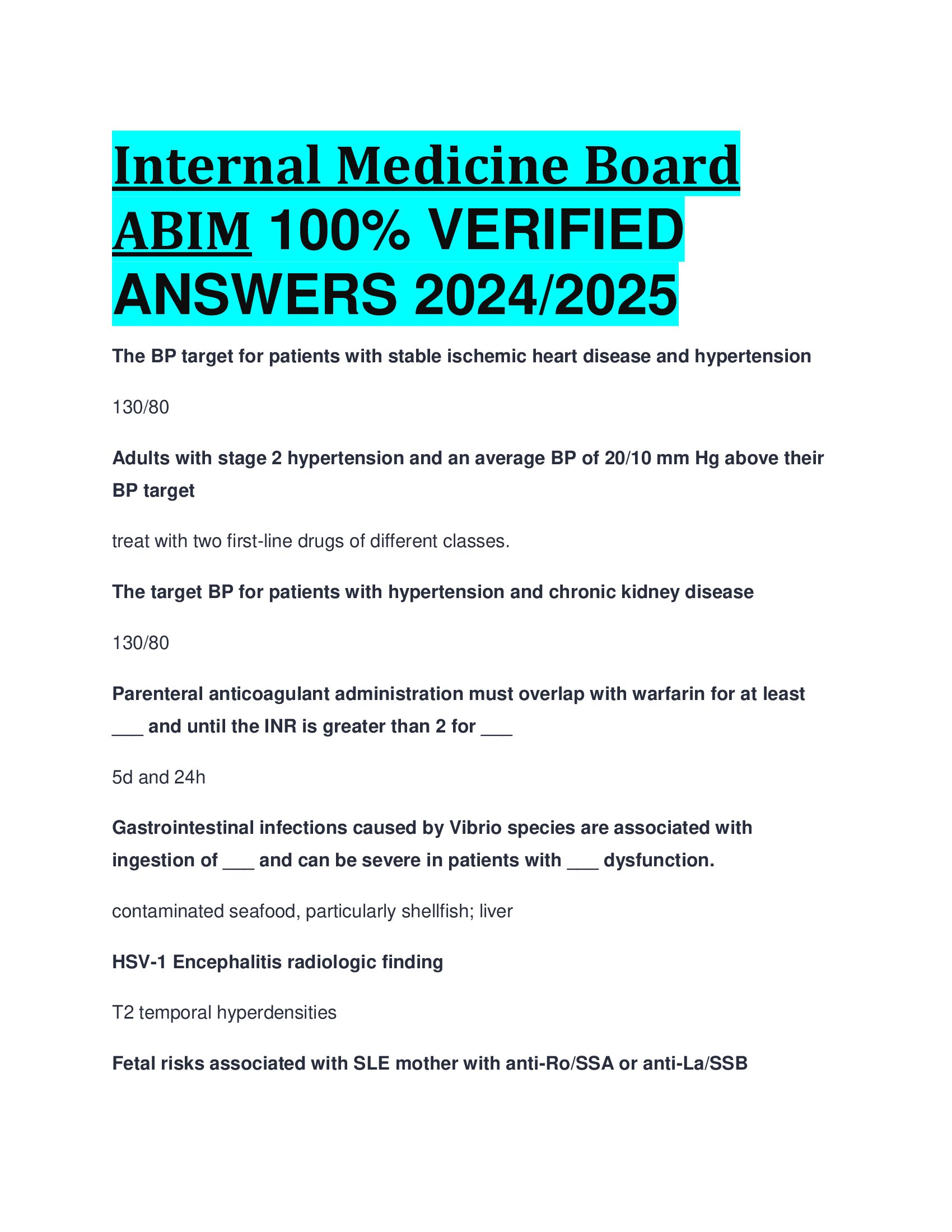 Internal Medicine Board ABIM VERIFIED  ANSWERS 20242026