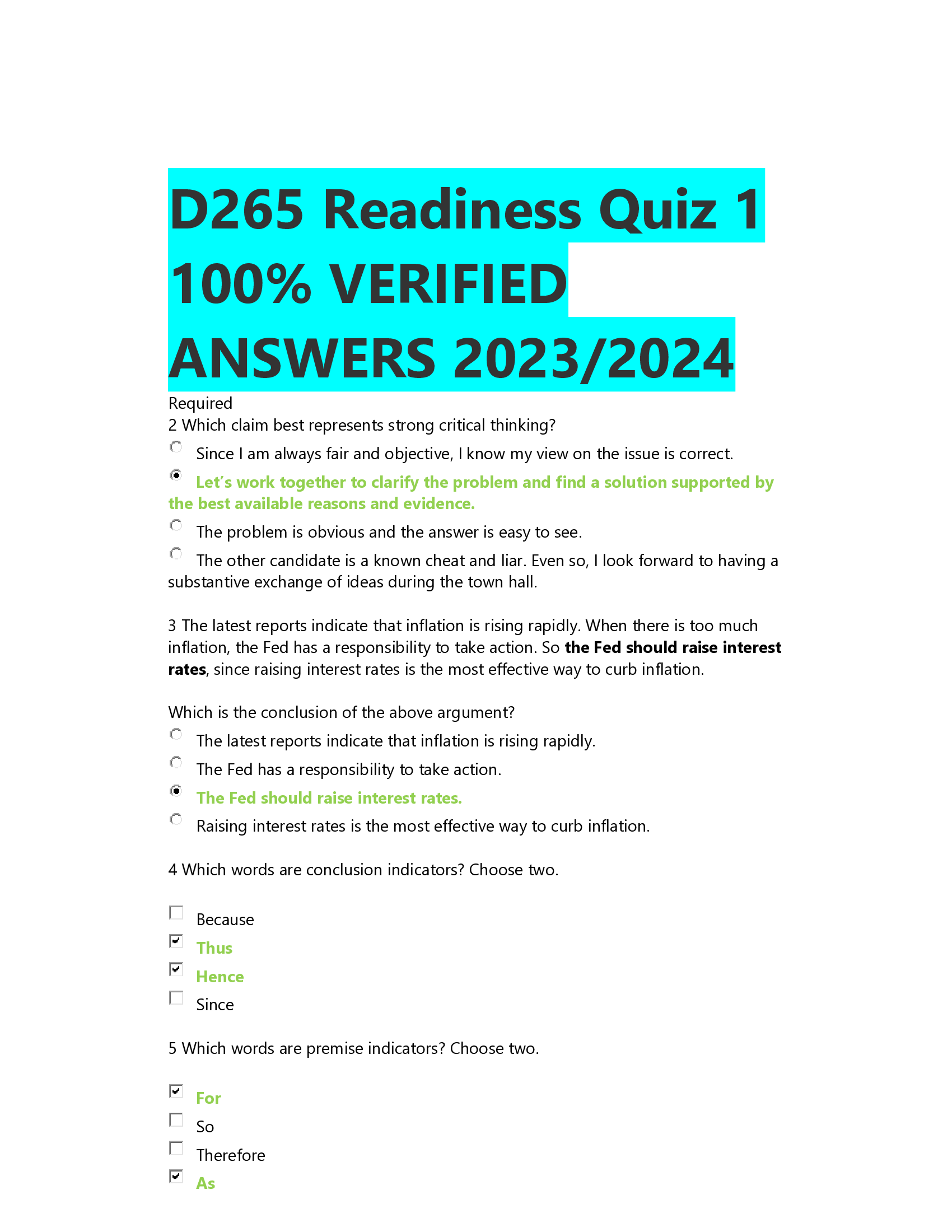 D265 Readiness Quiz 1  VERIFIED  ANSWERS 2023,2024