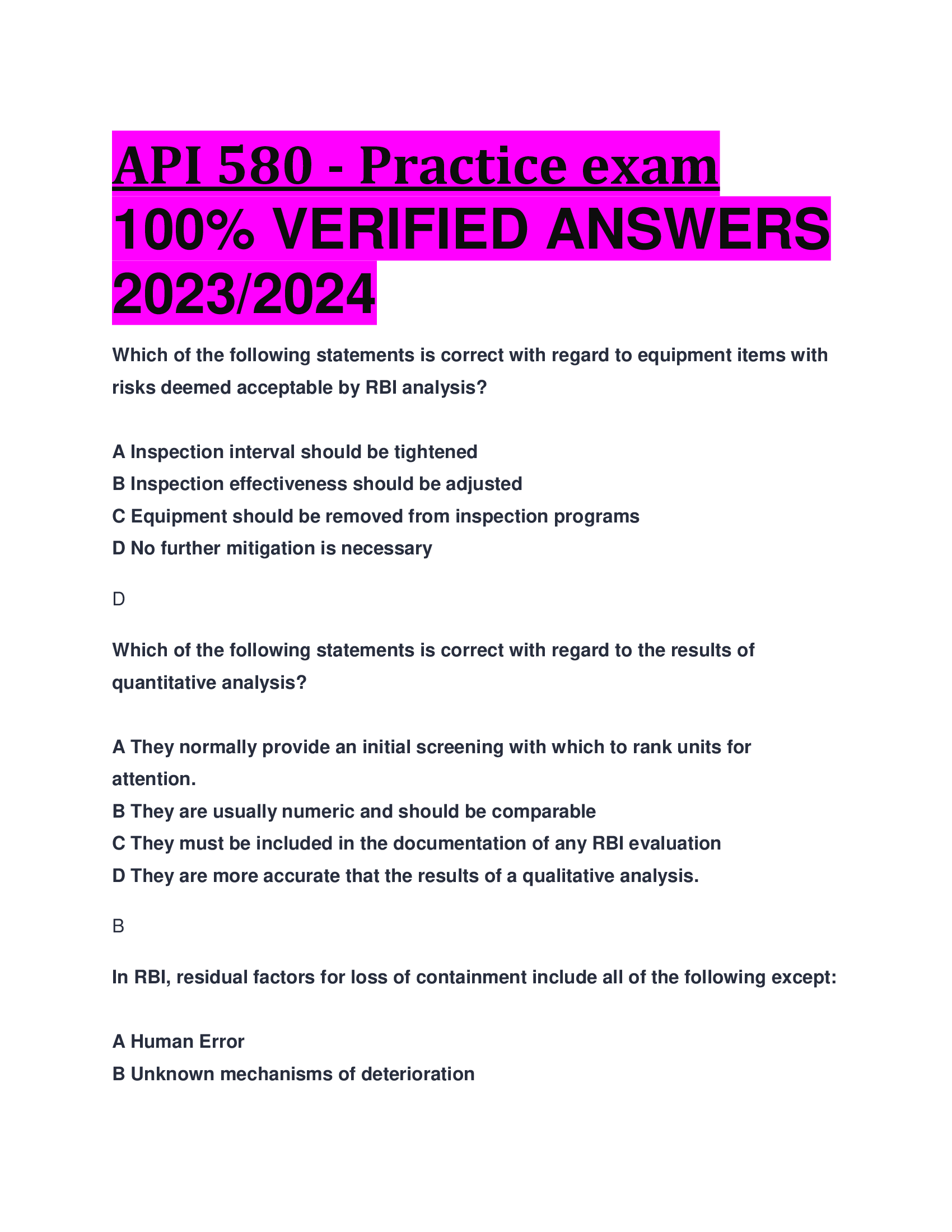 API 580 - Practice exam VERIFIED ANSWERS  2023,2024