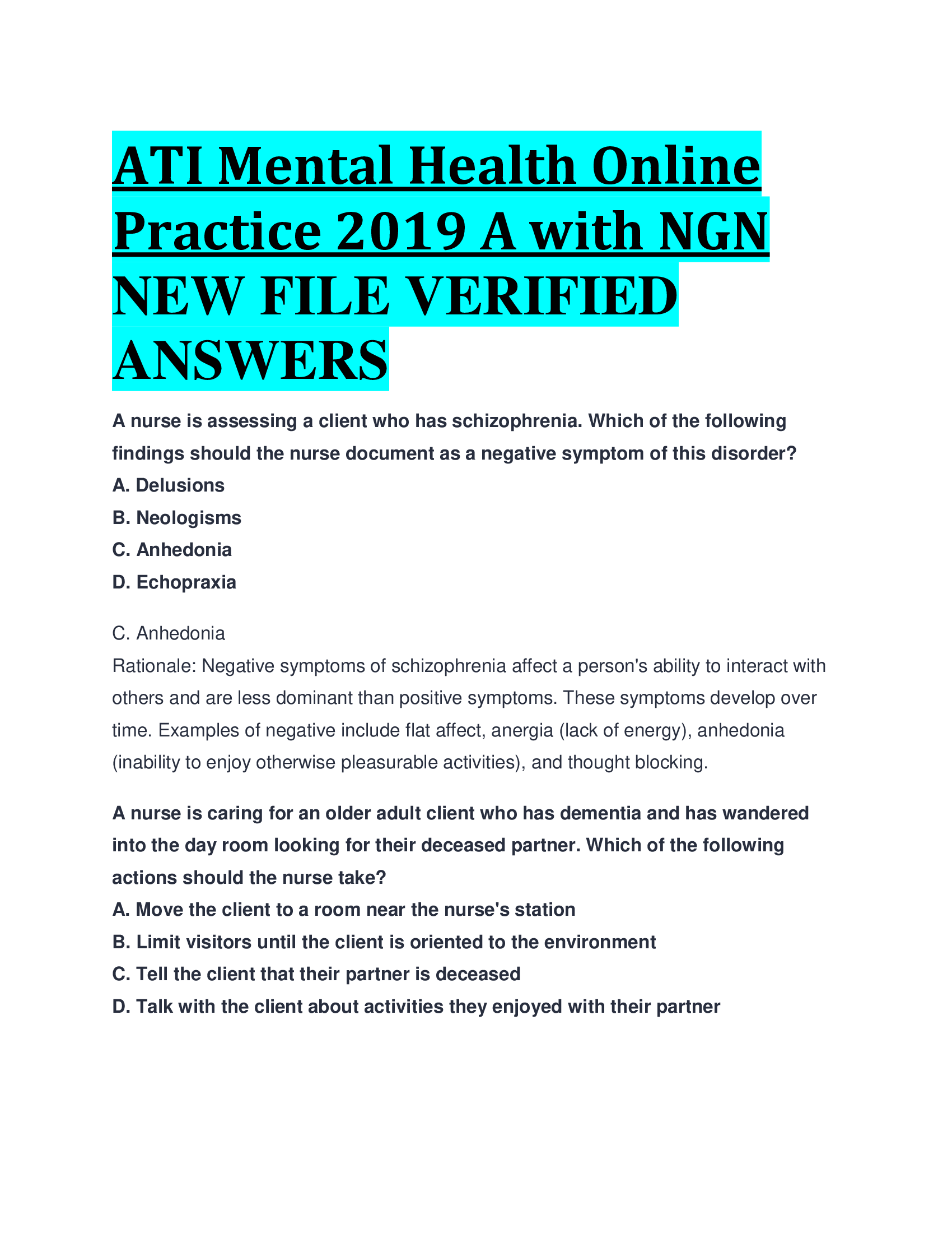 ATI Mental Health Online Practice 2019 A with NGN NEW FILE VERIFIED  ANSWERS