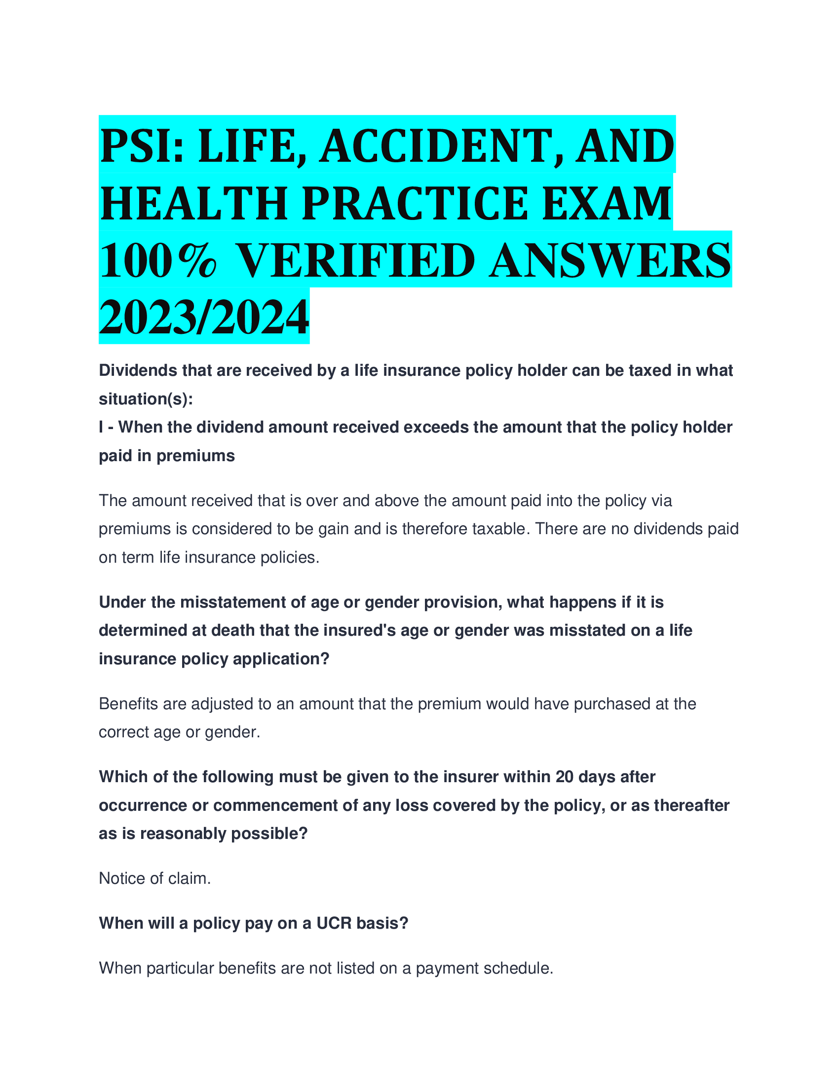 PSI: LIFE, ACCIDENT, AND HEALTH PRACTICE EXAM  VERIFIED ANSWERS 2023,2024