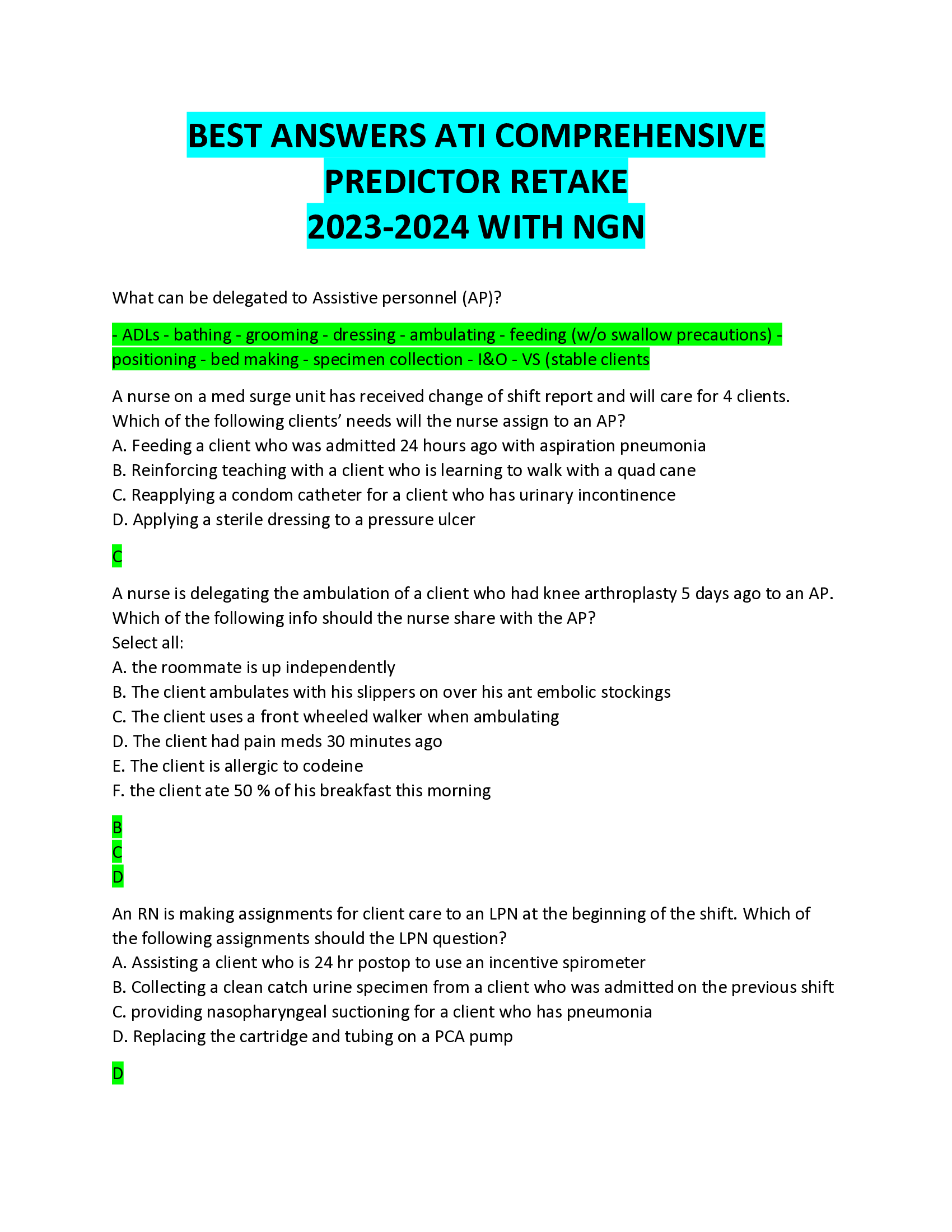 BEST ANSWERS ATI COMPREHENSIVE  PREDICTOR RETAKE 2023-2024 WITH NGN