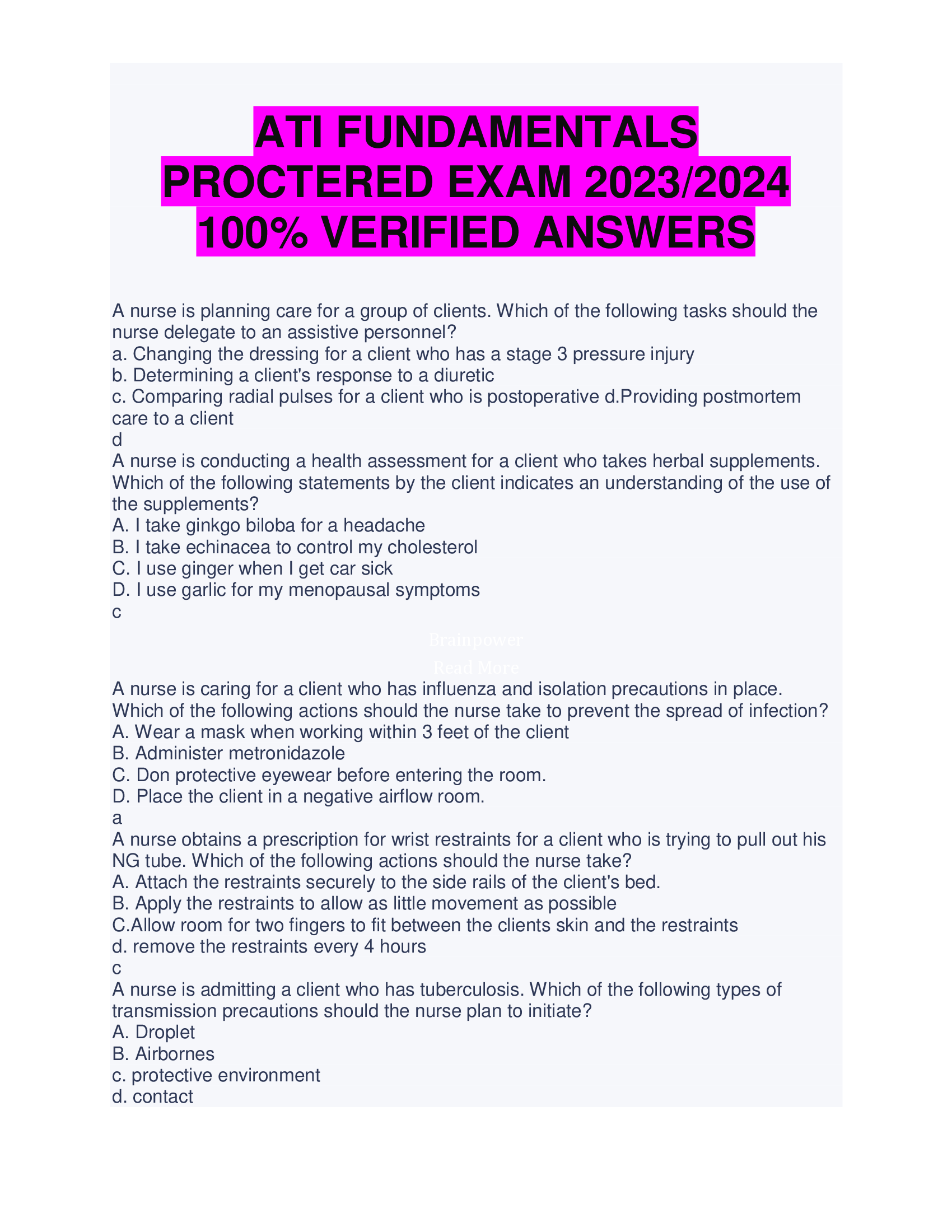 BEST ANSWERS ATI FUNDAMENTALS  PROCTERED EXAM 2023, 2024 100 percent VERIFIED ANSWERS