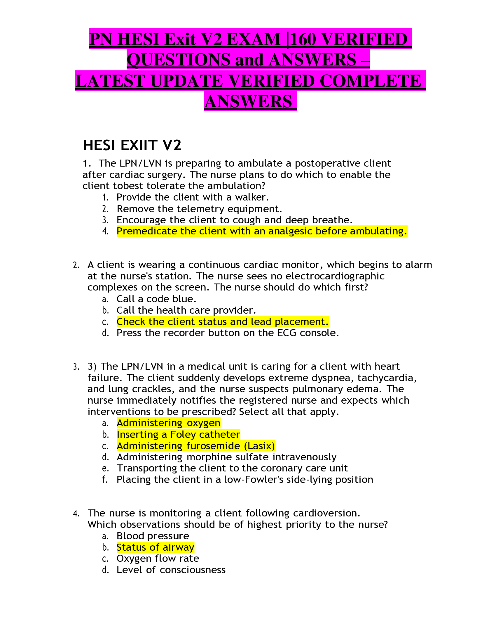 PN HESI Exit V2 EXAM |160 VERIFIED  QUESTIONS and ANSWERS – LATEST UPDATE VERIFIED COMPLETE  ANSWERS