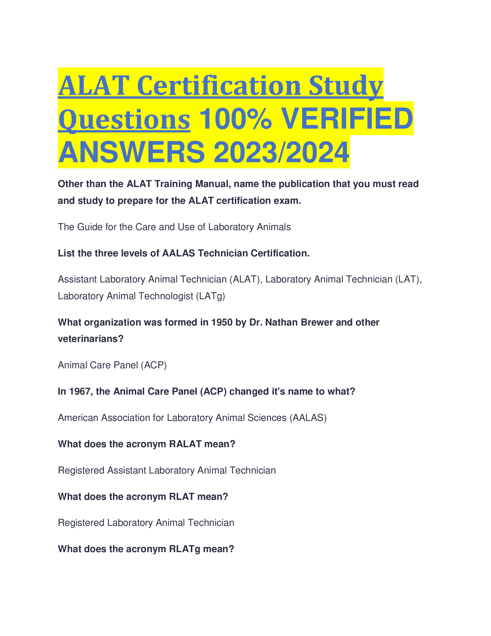 ALAT Certification Study Questions VERIFIED  ANSWERS 2023,2024