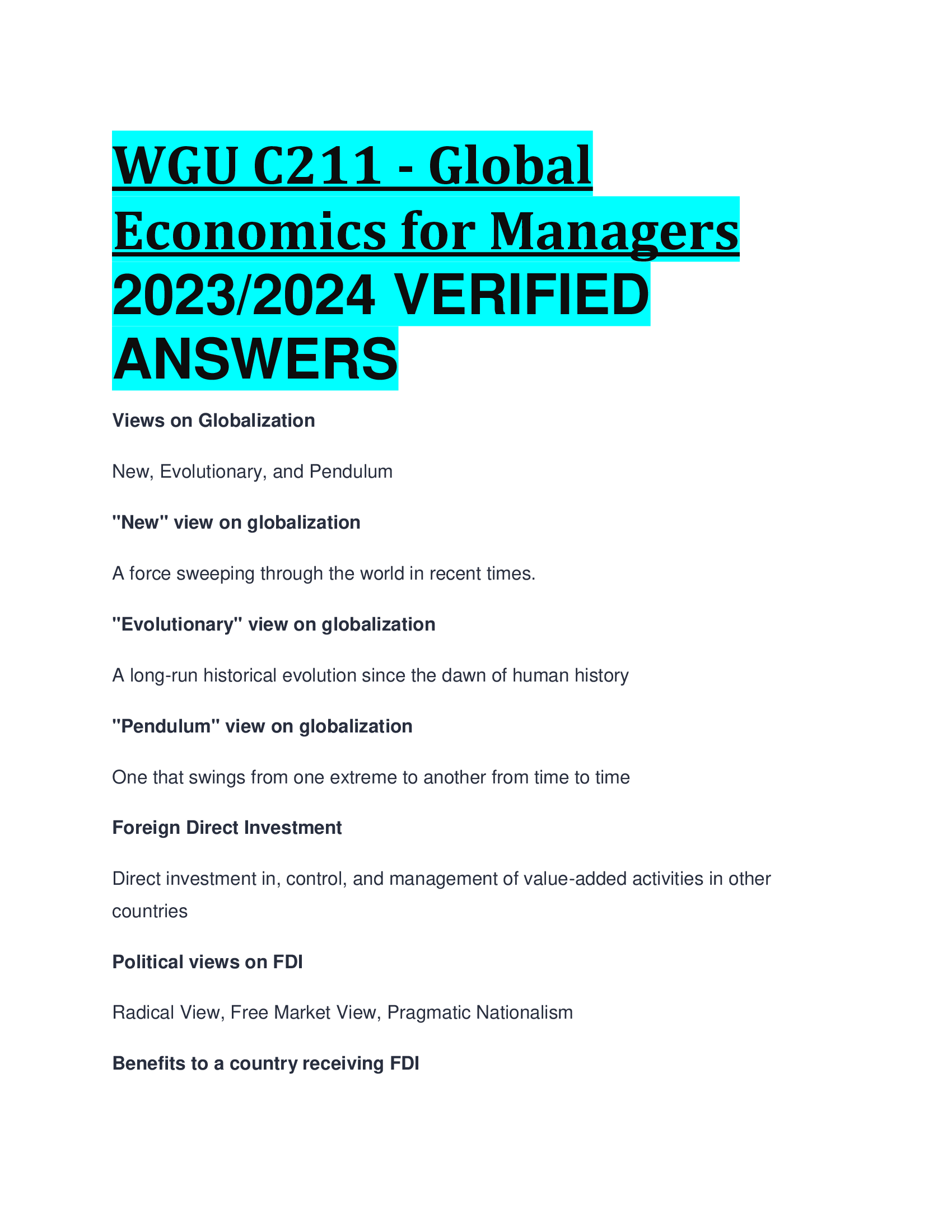 WGU C211 - Global Economics for Managers 2023,2024 VERIFIED  ANSWERS
