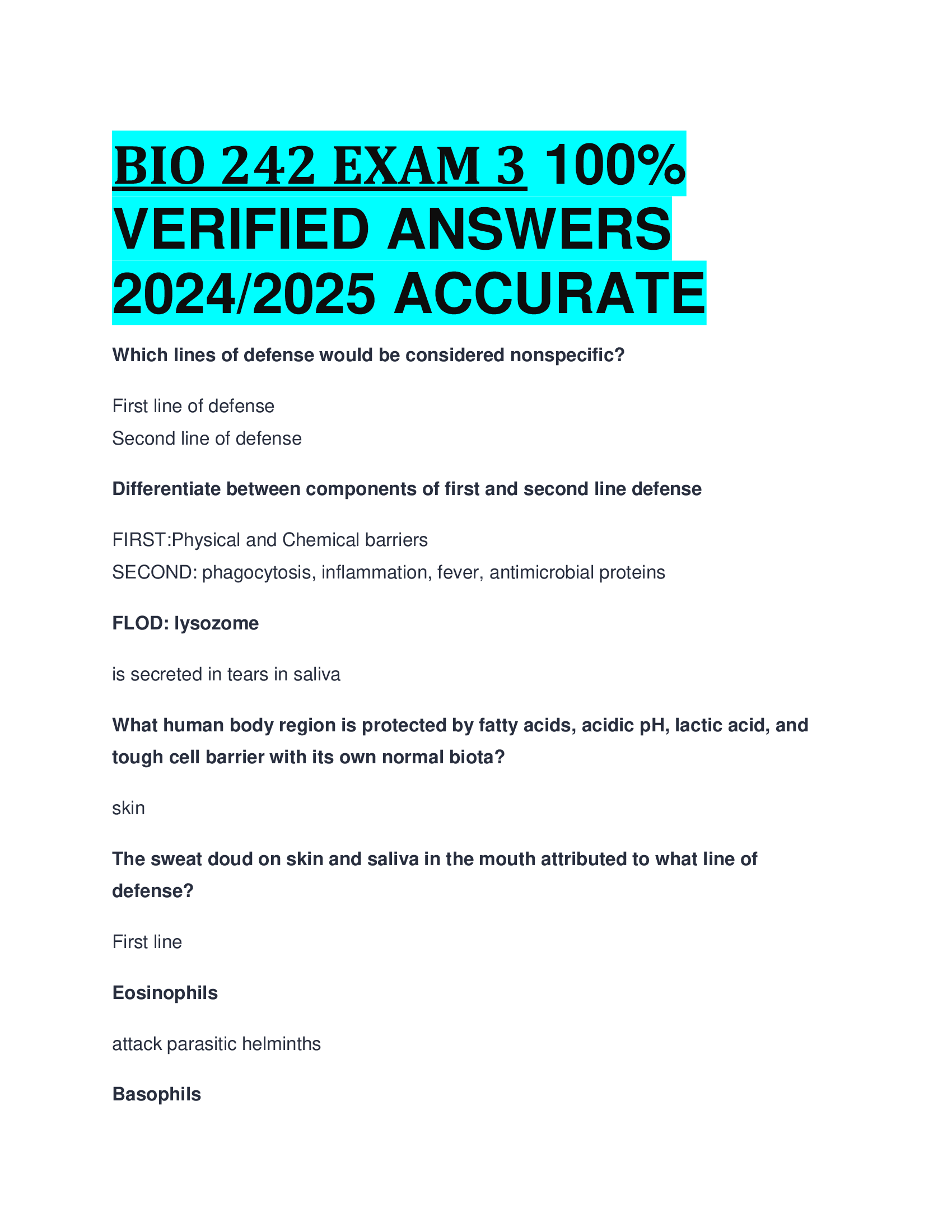 BIO 242 EXAM 3 VERIFIED ANSWERS  20242026 ACCURATE