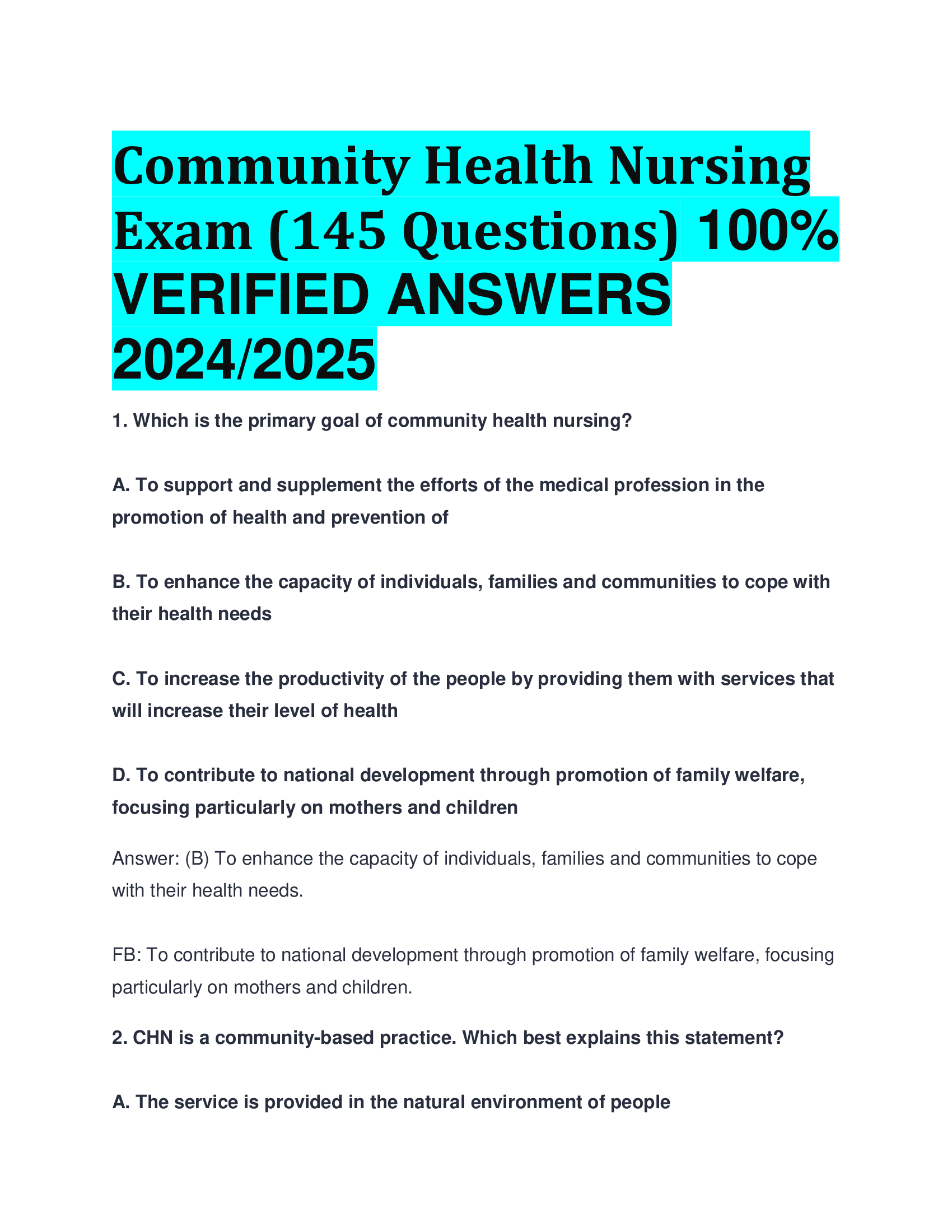 Community Health Nursing Exam (145 Questions)   VERIFIED ANSWERS  20242026