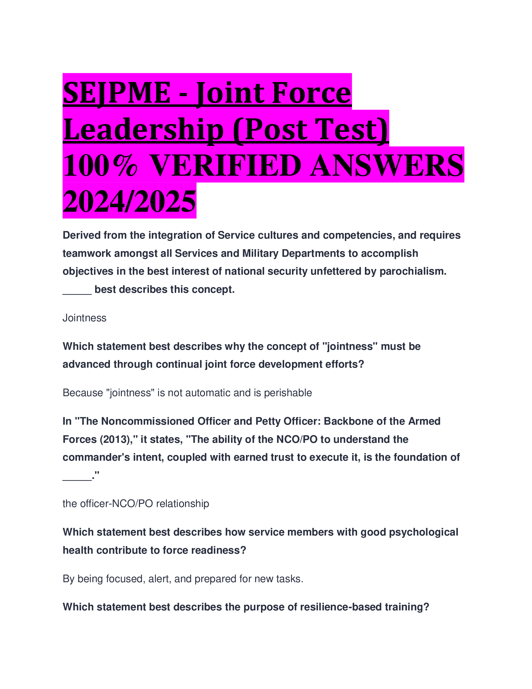 SEJPME - Joint Force Leadership (Post Test)VERIFIED ANSWERS  2024, 2026