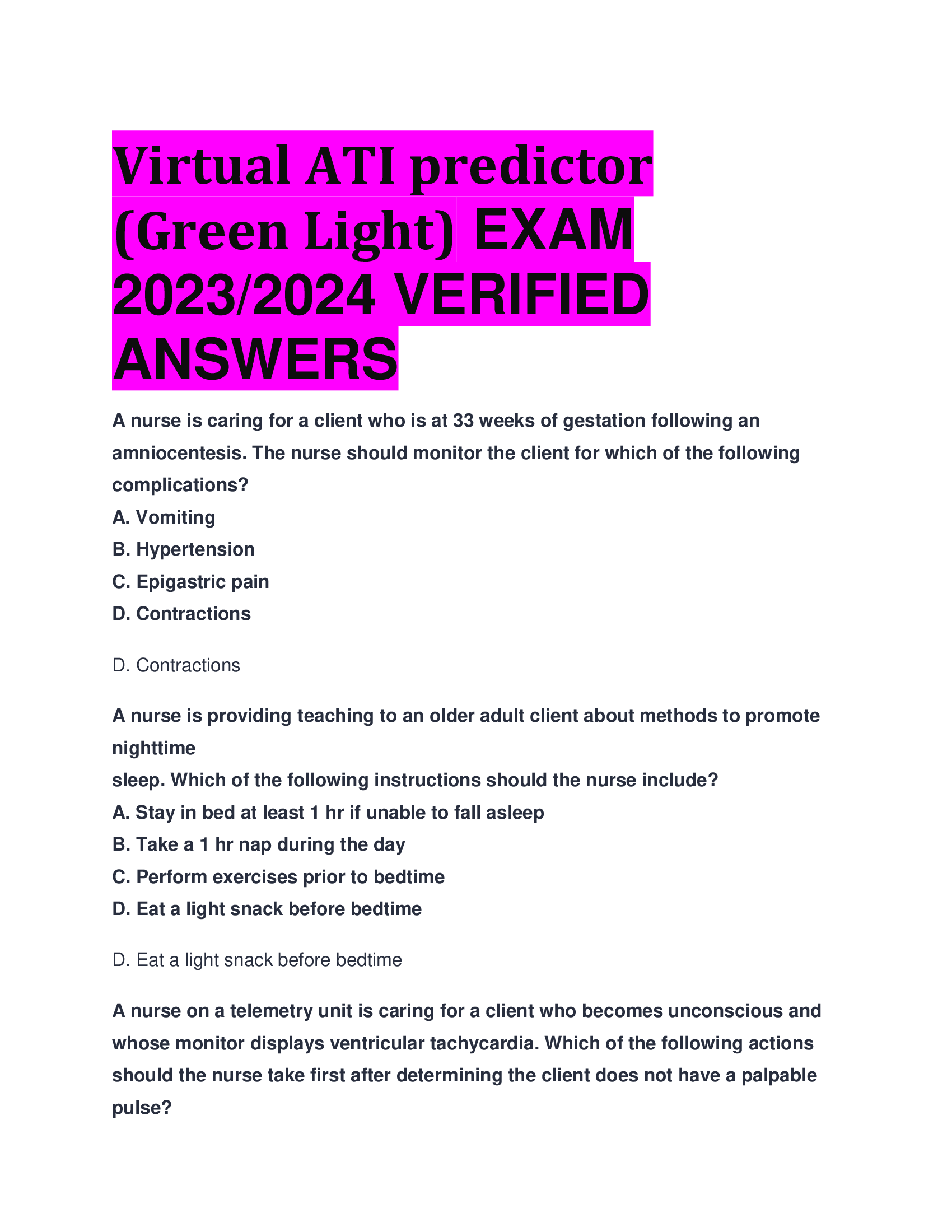 Virtual ATI predictor (Green Light) EXAM  2023,2024 VERIFIED  ANSWERS