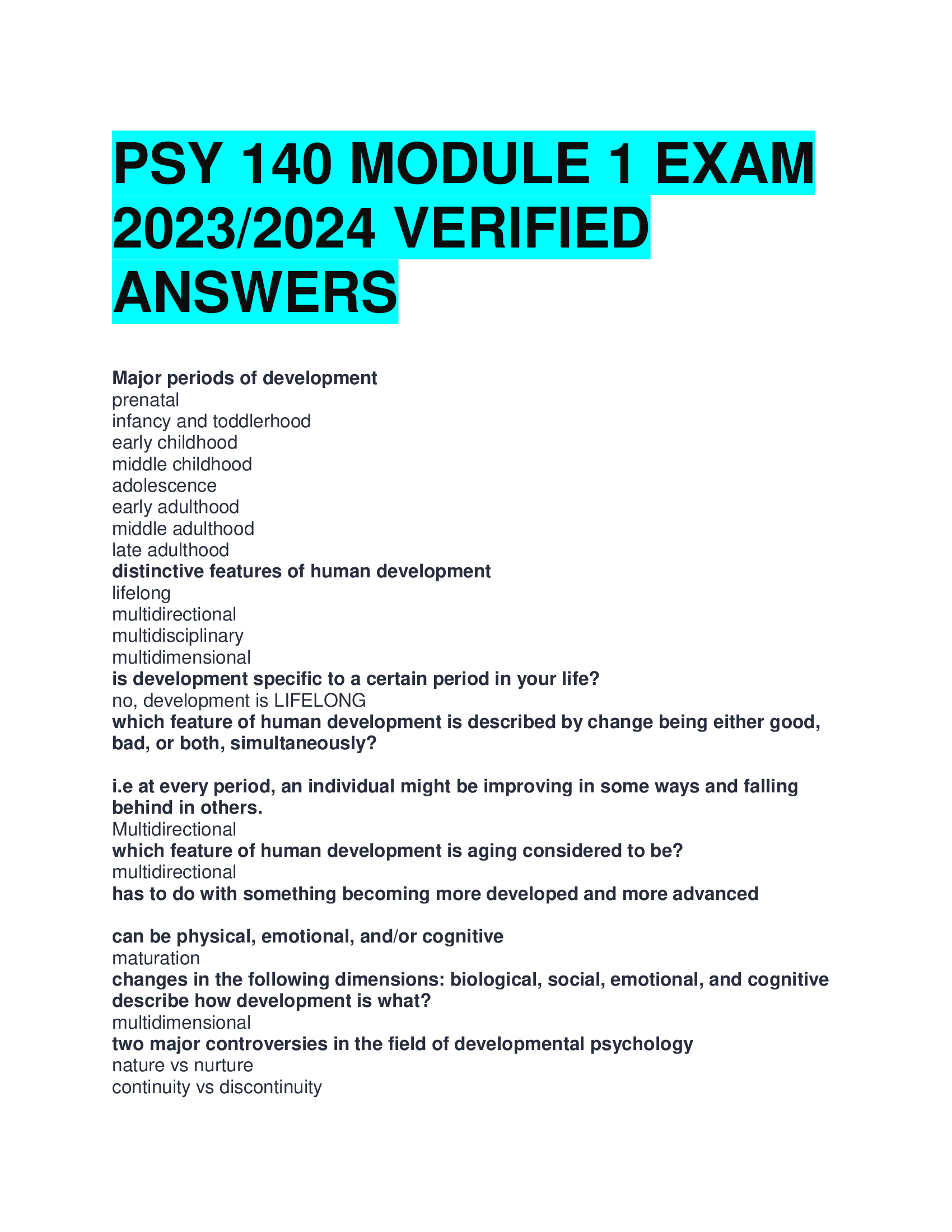 PSY 140 MODULE 1 EXAM  2023,2024 VERIFIED  ANSWERS