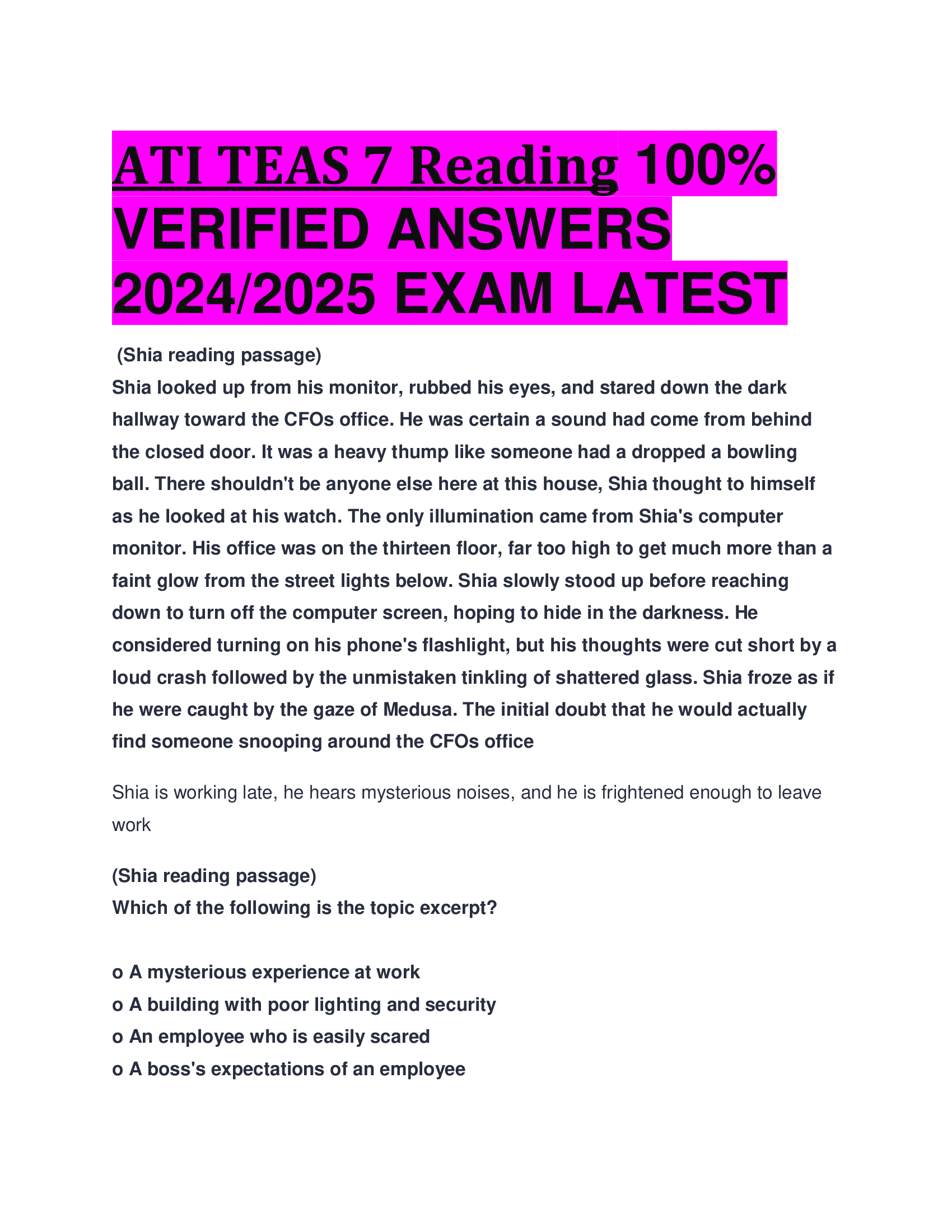 BEST ANSWERS ATI TEAS 7 Reading 100 percent VERIFIED ANSWERS  2024, 2026 EXAM LATEST