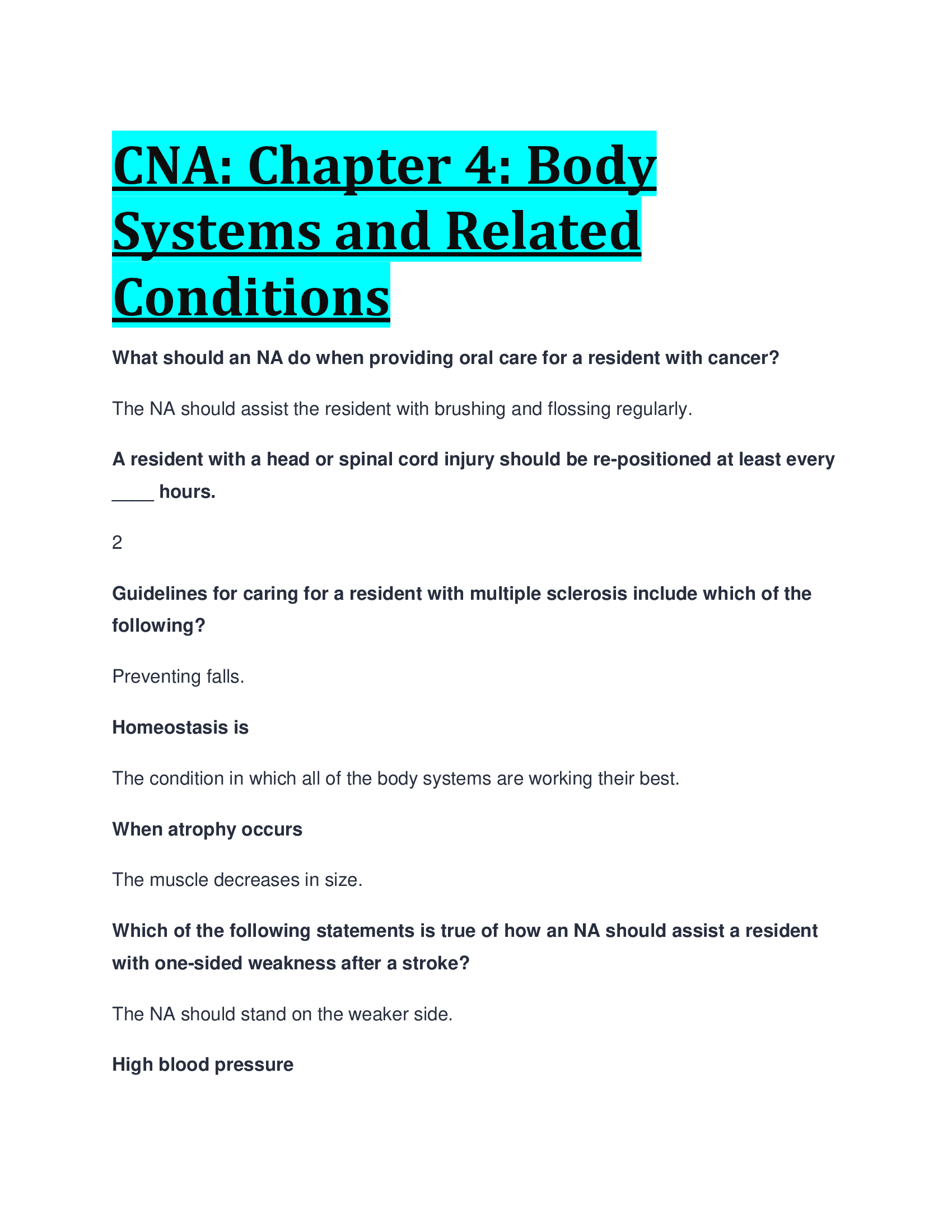 CNA Exam: Chapter 4 CORRECT  ANSWERS 2023,2024 BODY SYSTEMS