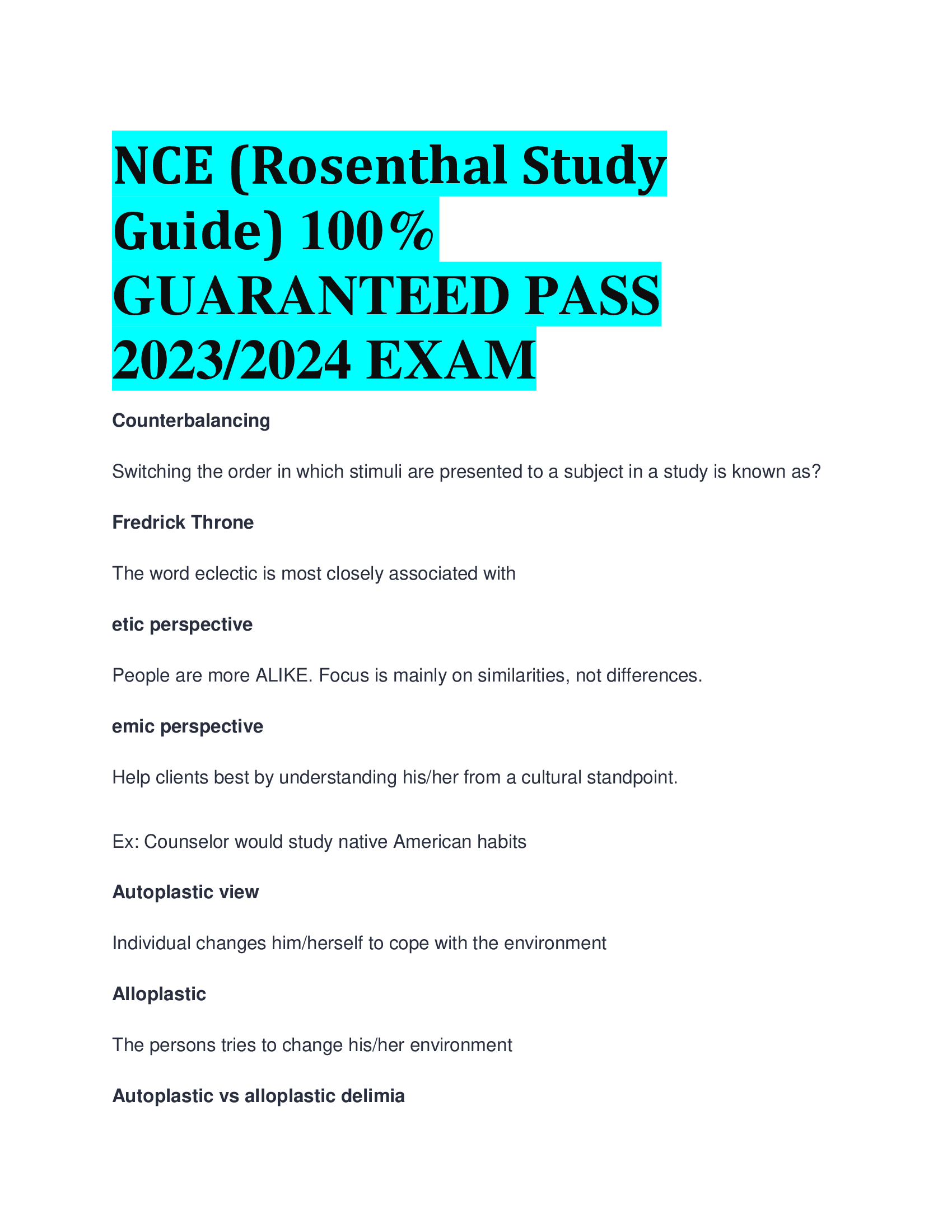 NCE (Rosenthal Study Guide)   GUARANTEED PASS  2023,2024 EXAM