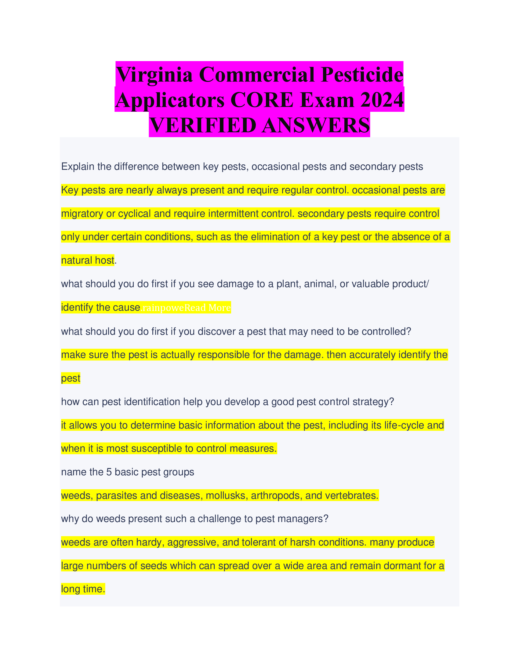 BEST REVIEW Virginia Commercial Pesticide  Applicators CORE Exam 2024 VERIFIED ANSWERS