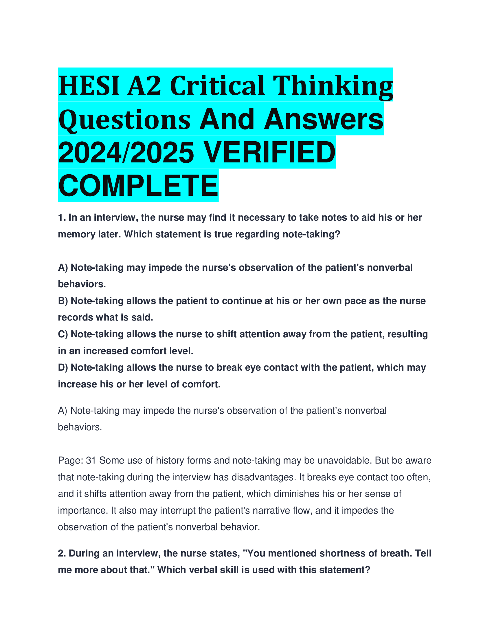 HESI A2 Critical Thinking Questions And Answers  20242026 VERIFIED  COMPLETE