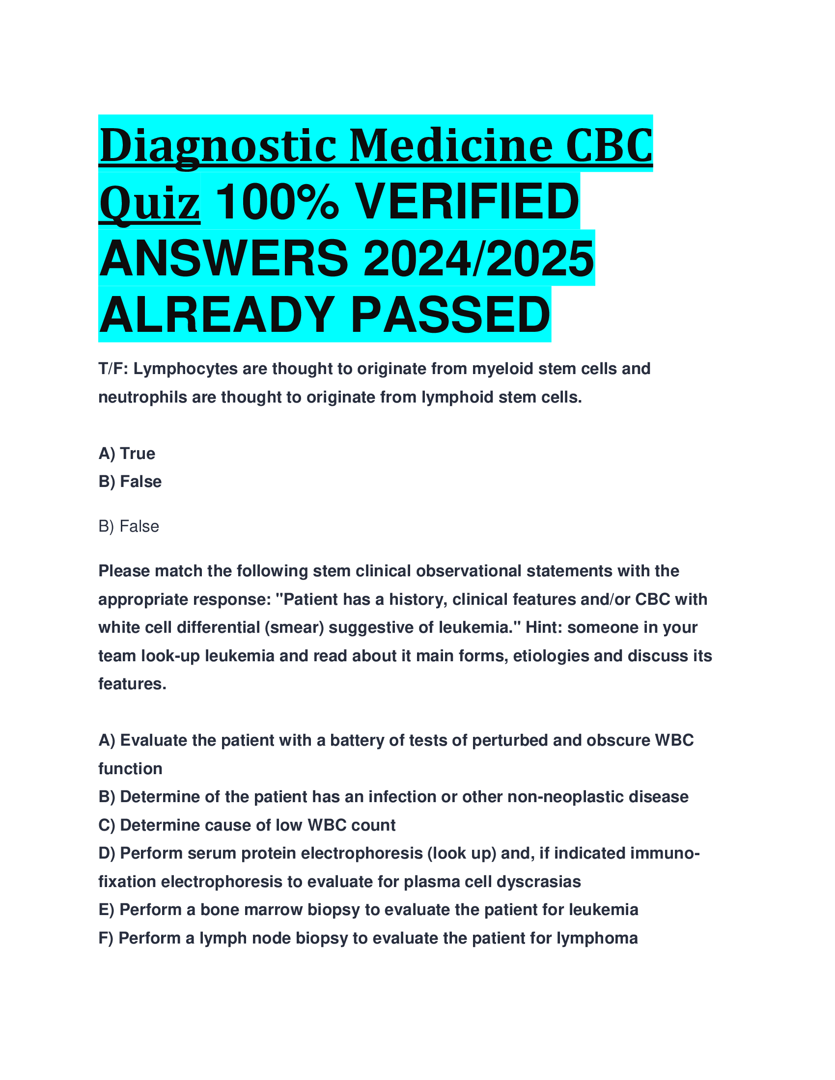 Diagnostic Medicine CBC Quiz VERIFIED  ANSWERS 20242026  ALREADY PASSED