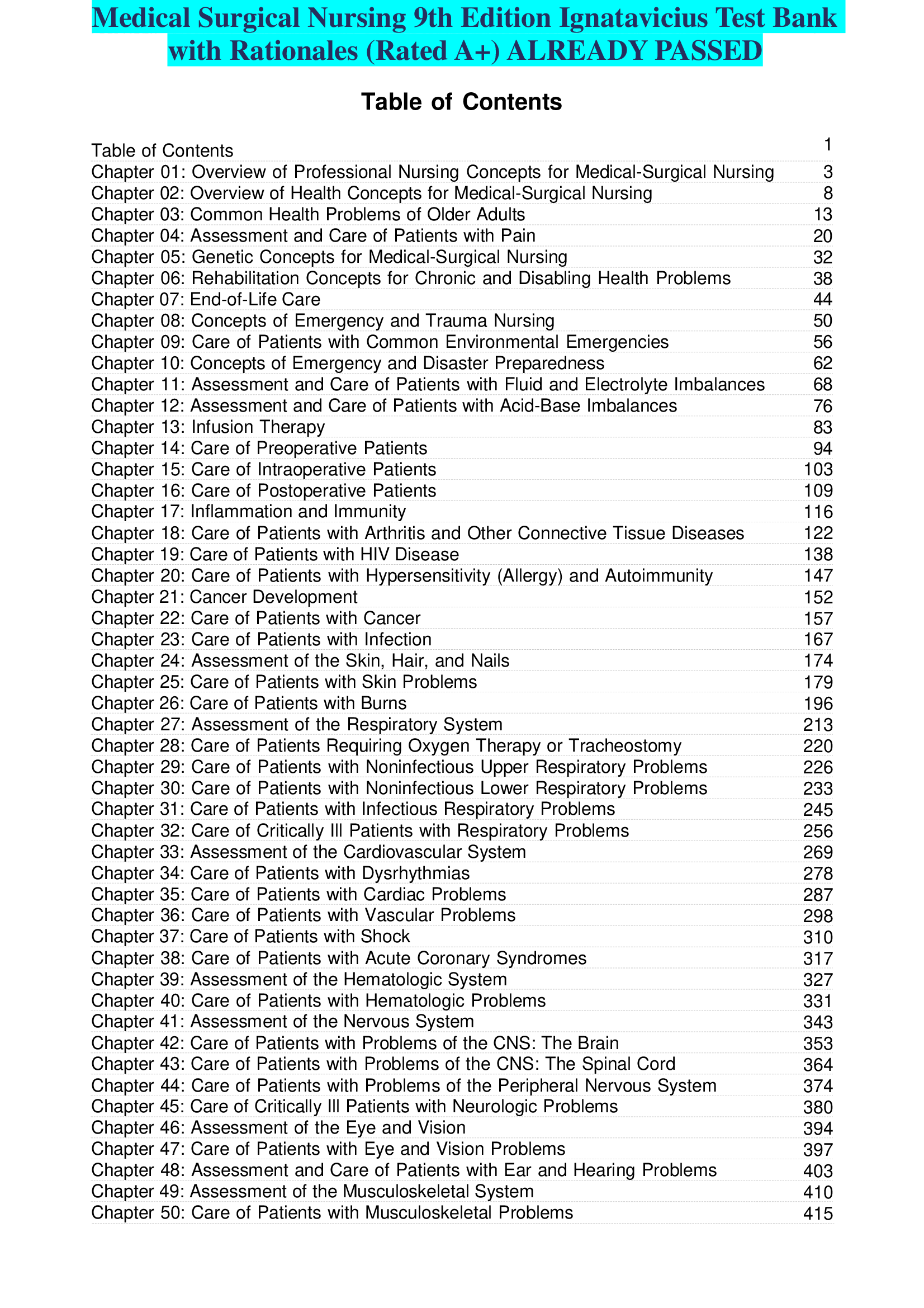 Medical Surgical Nursing 9th Edition Ignatavicius Test Bank with Rationales ALREADY PASSED