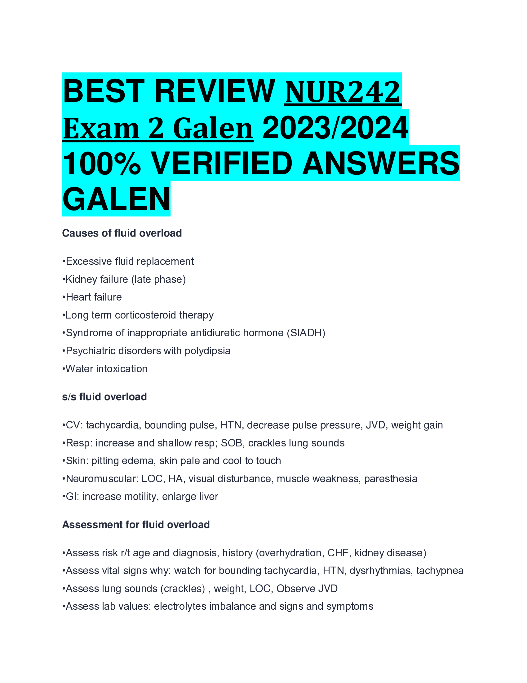 BEST REVIEW NUR242 Exam 2 Galen 2023,2024 VERIFIED ANSWERS GALEN COLLEGE