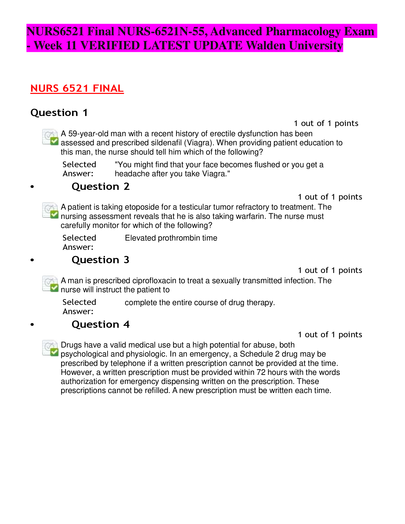 NURS6521 Final NURS-6521N-55, Advanced Pharmacology Exam  - Week 11 VERIFIED LATEST UPDATE Walden University