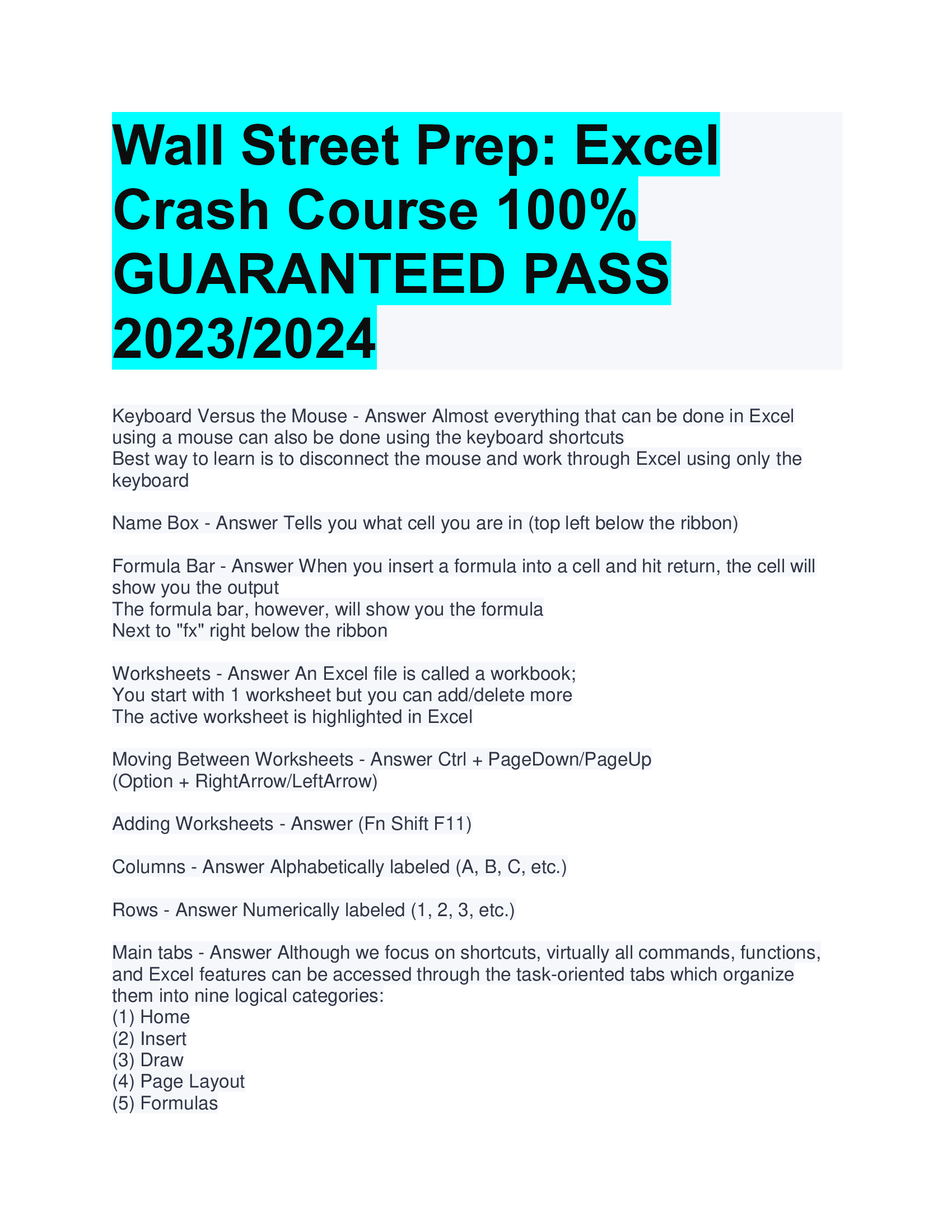 Wall Street Prep: Excel  Crash Course GUARANTEED PASS 2023,2024