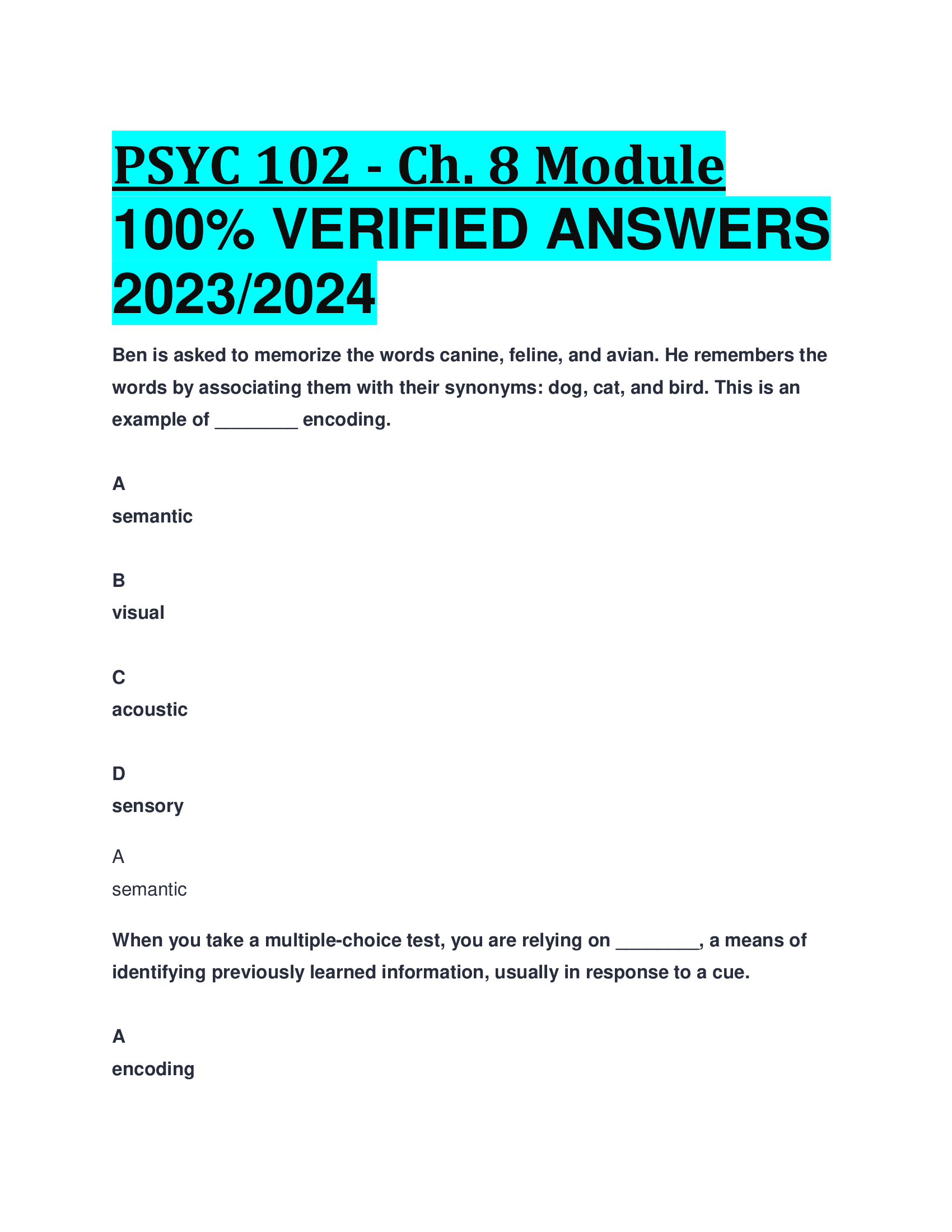 PSYC 102 - Ch. 8 Module  VERIFIED ANSWERS  2023,2024