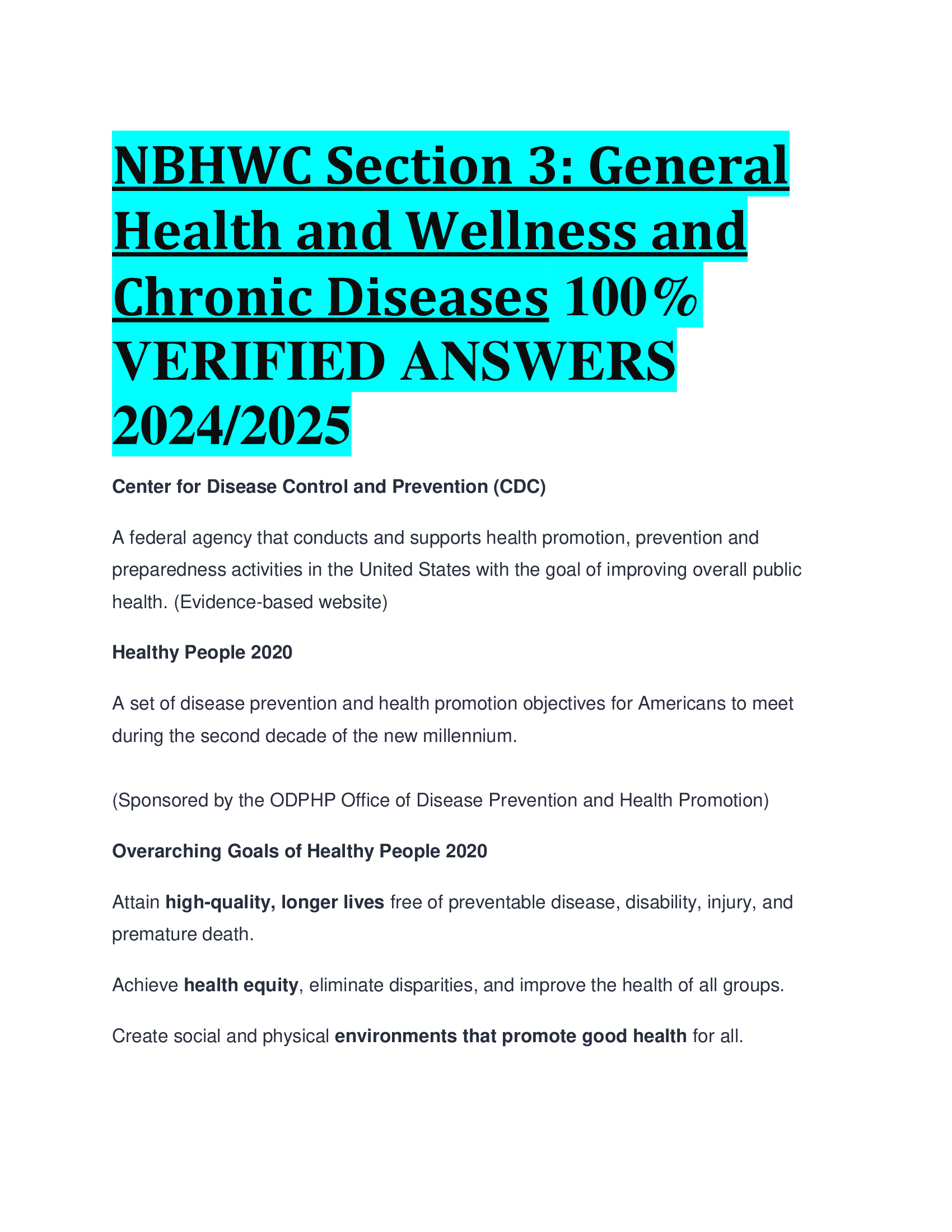 NBHWC Section 3: General Health and Wellness and Chronic Diseases VERIFIED ANSWERS  20242026