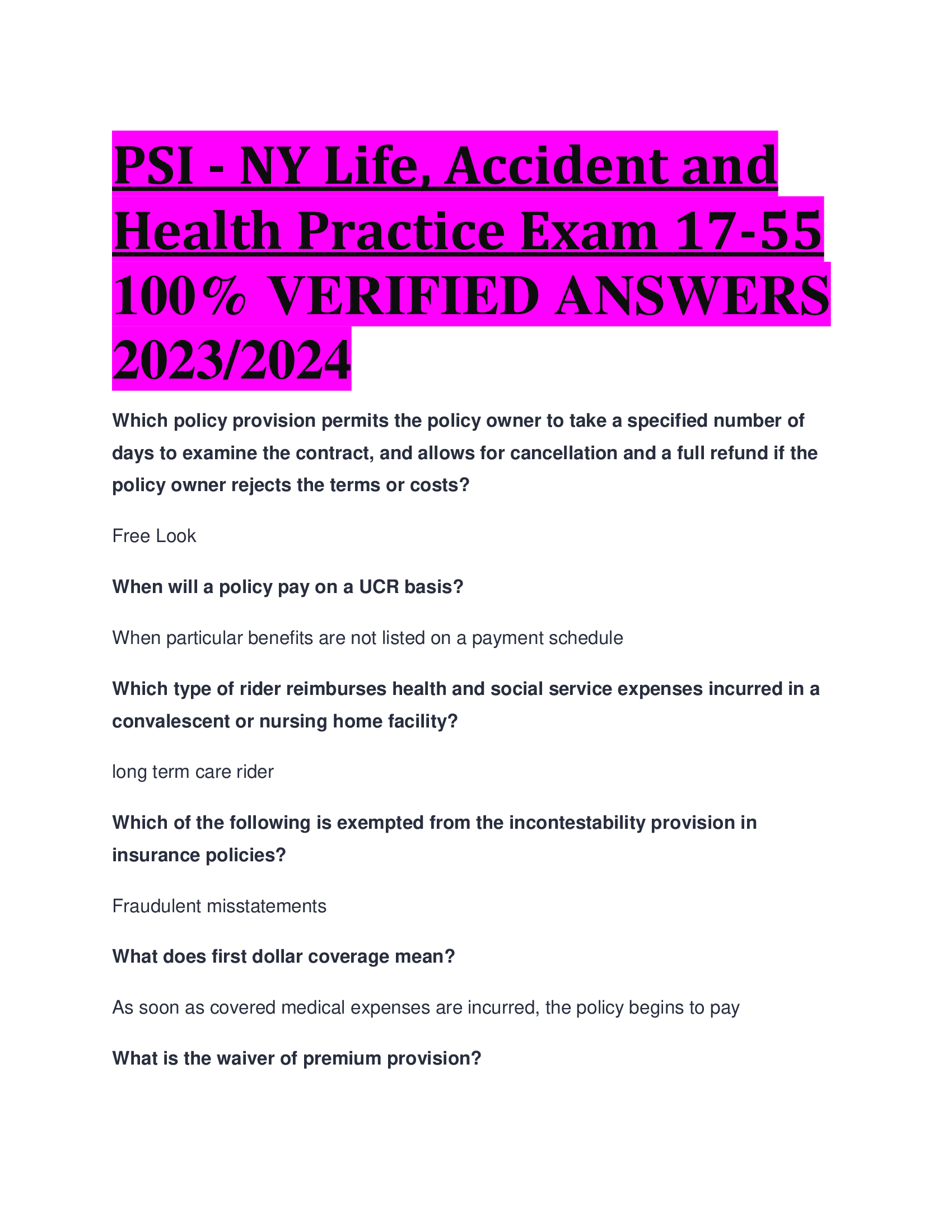 PSI - NY Life, Accident and Health Practice Exam 17-55  VERIFIED ANSWERS  2023,2024
