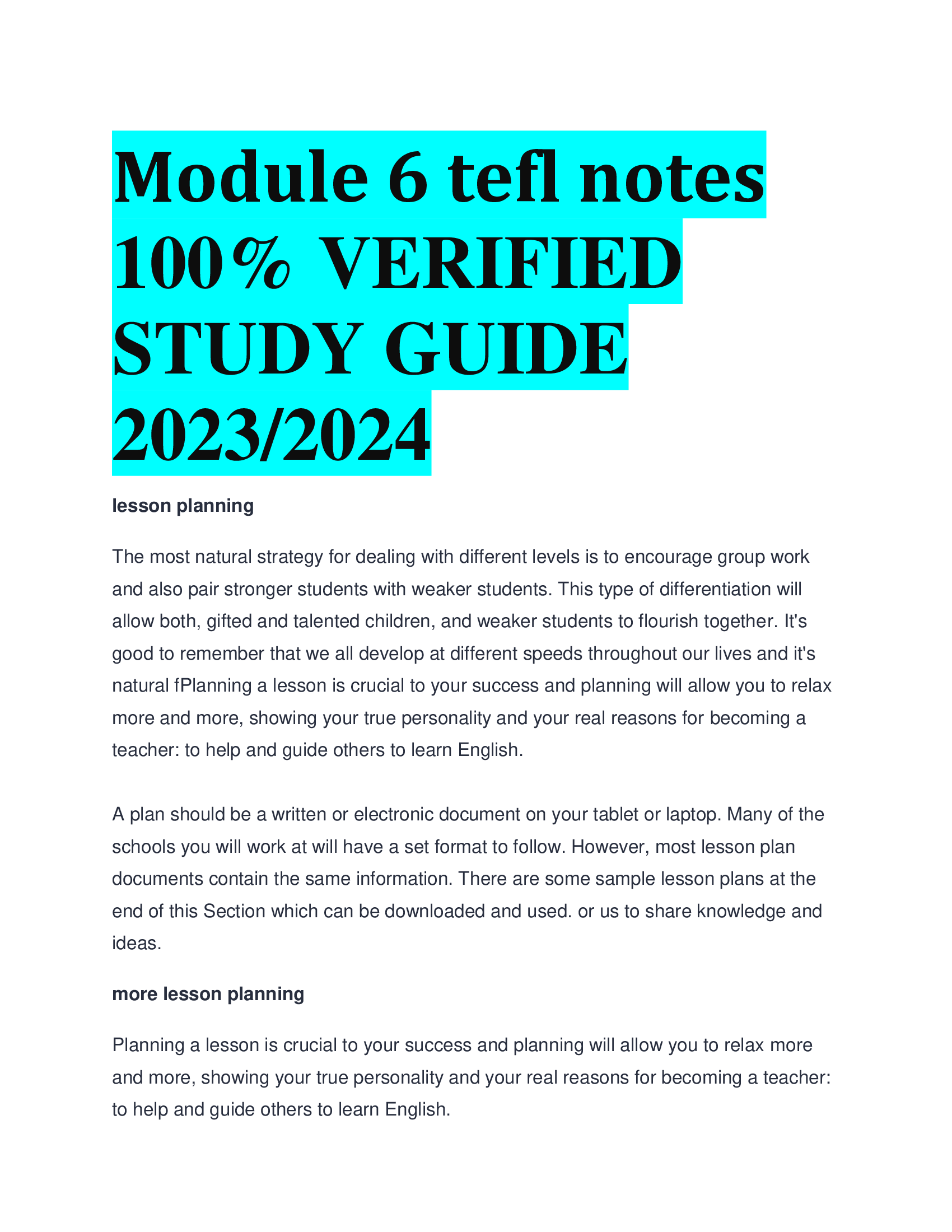 Module 6 tefl notes VERIFIED  STUDY GUIDE  2023,2024