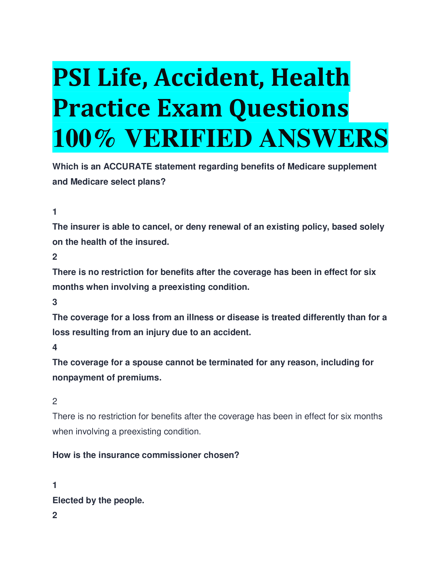 PSI Life, Accident, Health Practice Exam Questions VERIFIED ANSWERS