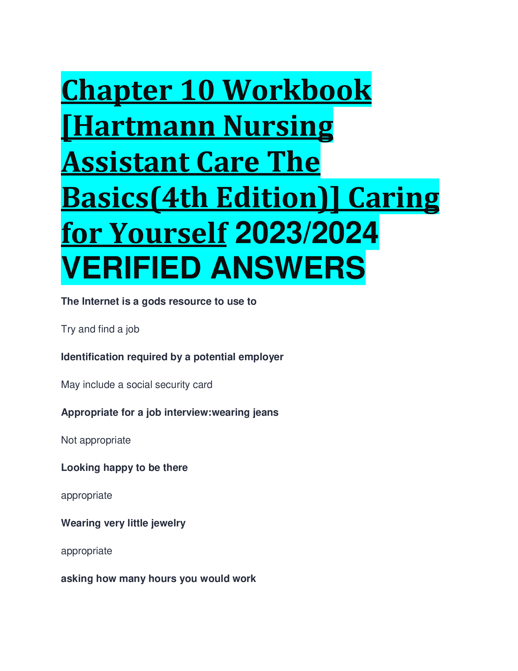 Chapter 10 Workbook [Hartmann Nursing Assistant Care The Basics(4th Edition)] Caring for Yourself 2023,2024  VERIFIED ANSWERS