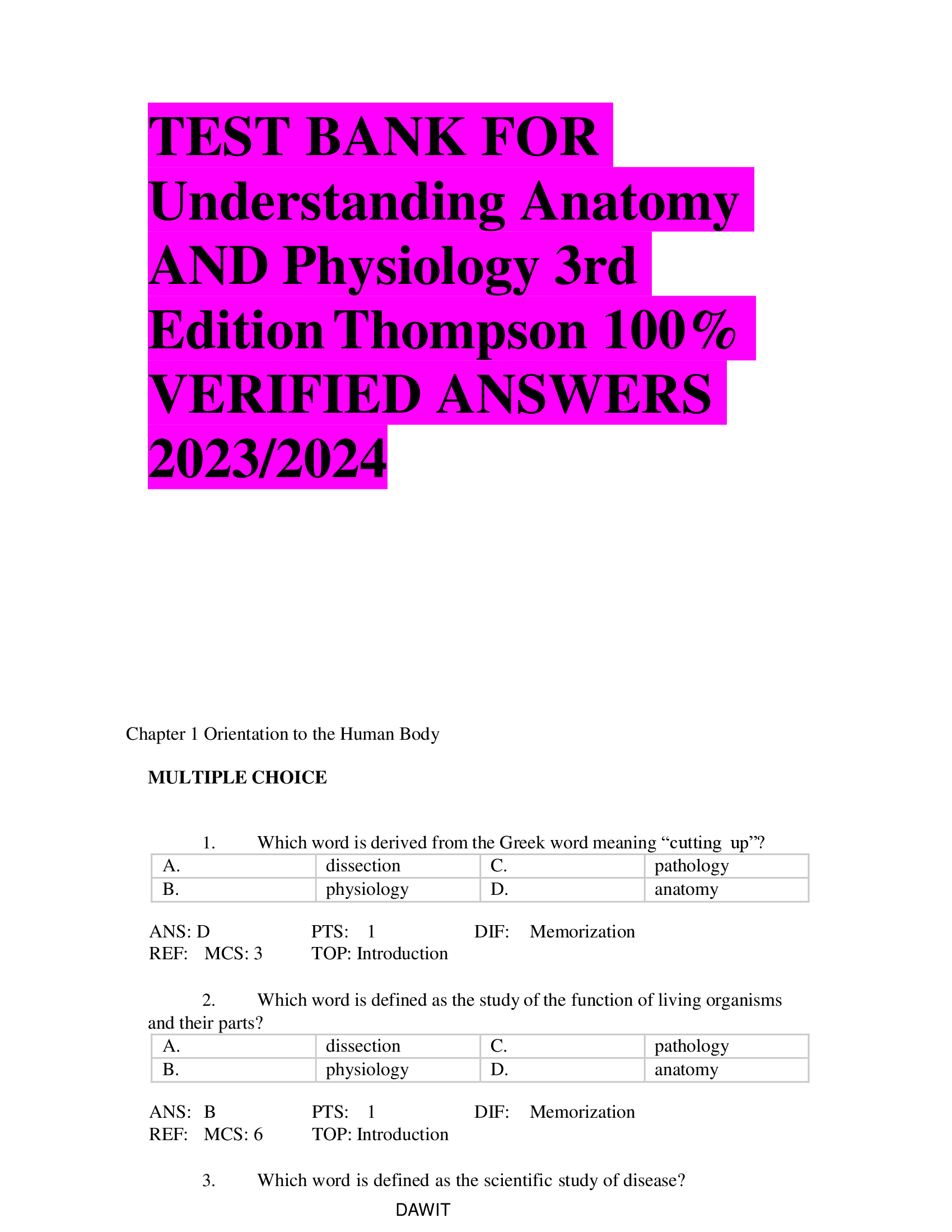 TEST BANK FOR  Understanding Anatomy AND Physiology 3rd EditionThompson VERIFIED ANSWERS  2023,2024