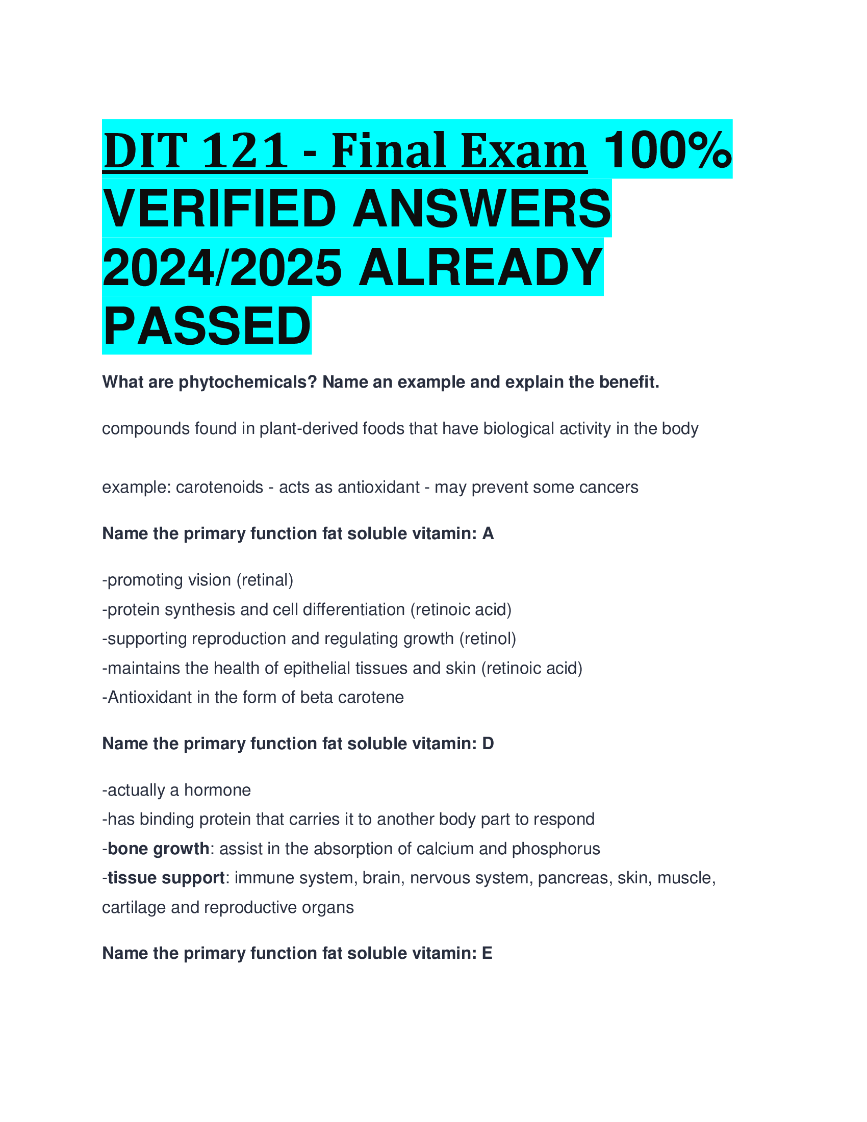 DIT 121 - Final Exam  VERIFIED ANSWERS  20242026 ALREADY  PASSED
